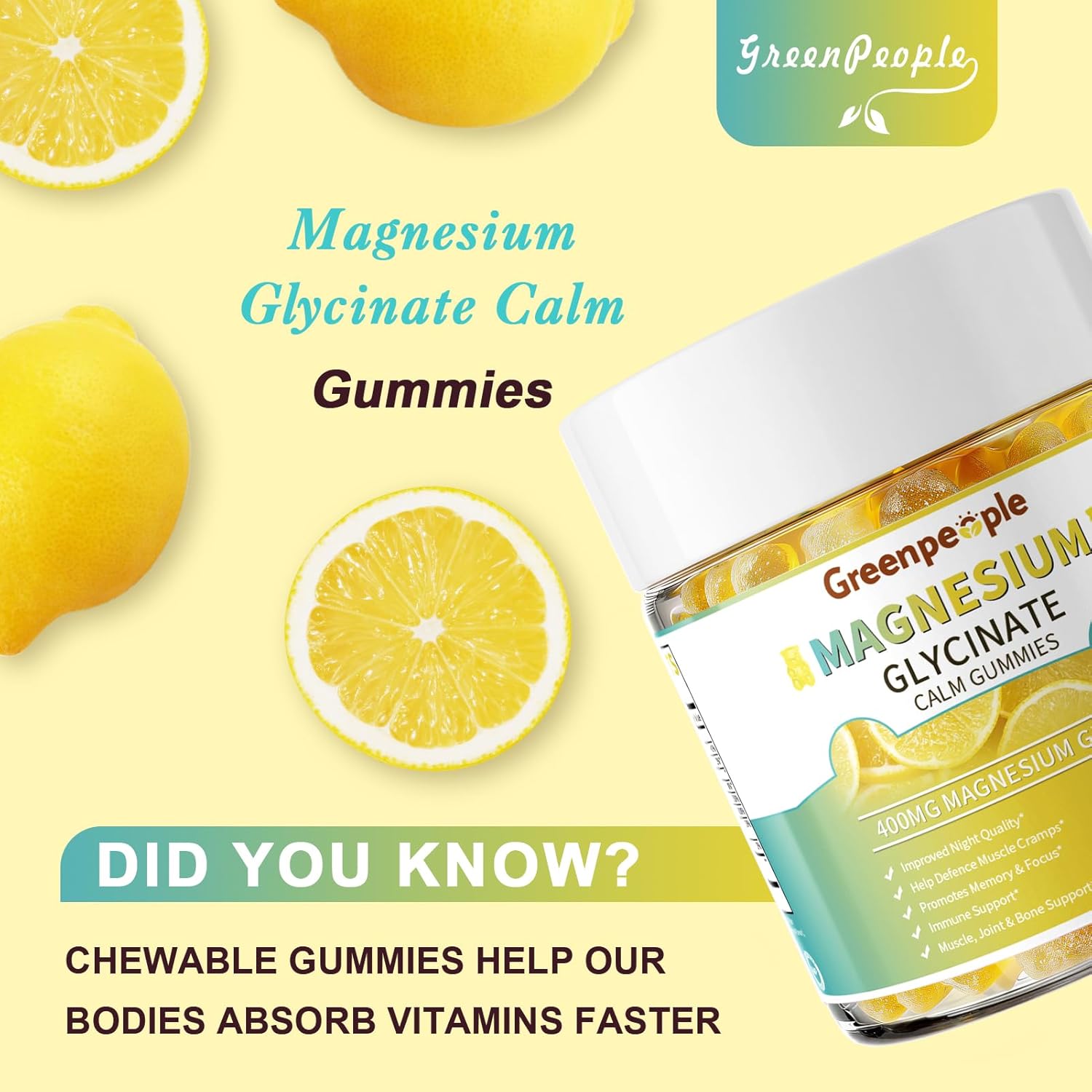 GreenPeople Sugar-Free Magnesium Glycinate Gummies – 400mg Advanced Calm & Sleep Support with Vitamin D3, B6 & Calcium (60 Count) - GreenPeople