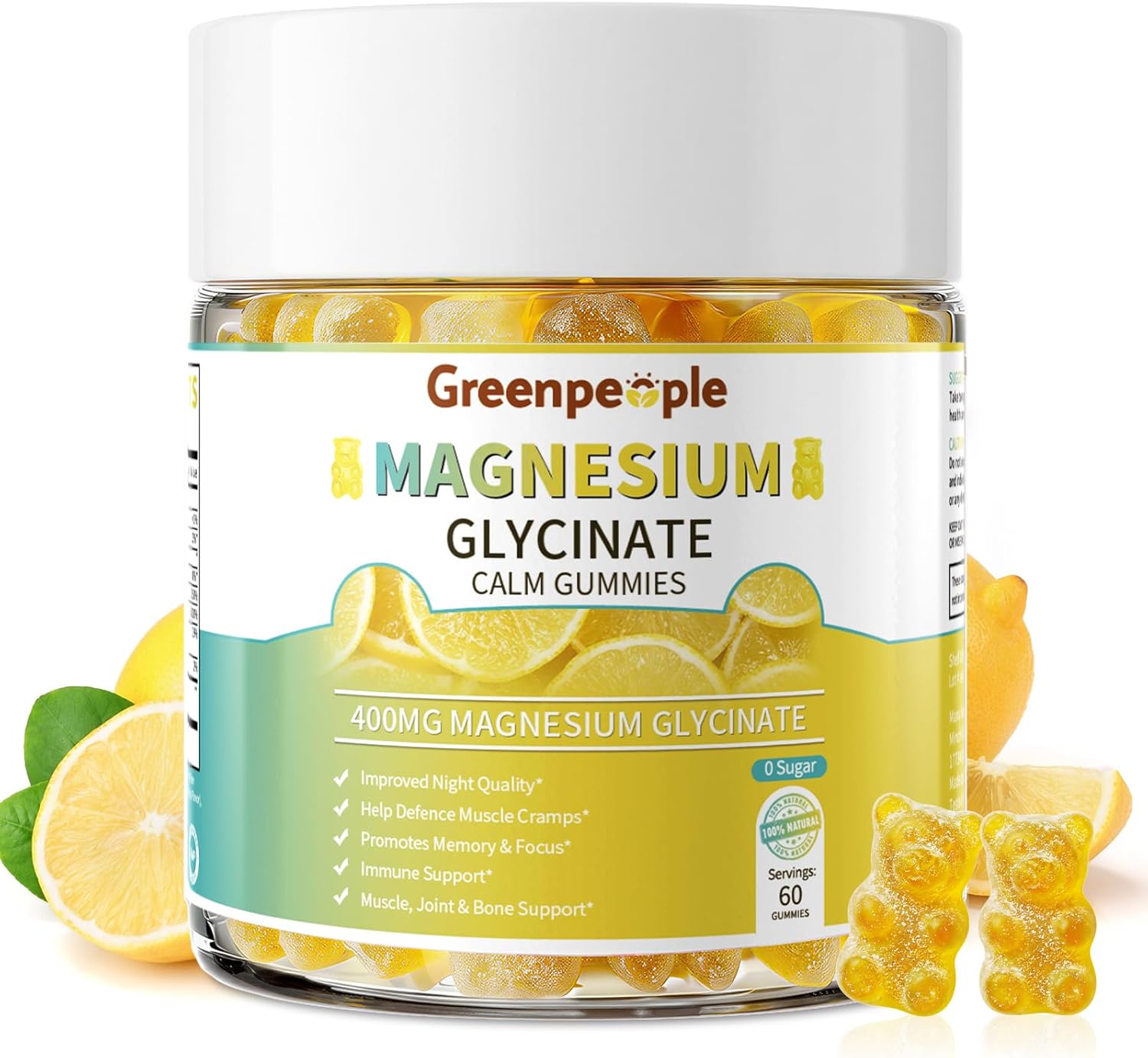 GreenPeople Sugar-Free Magnesium Glycinate Gummies – 400mg Advanced Calm & Sleep Support with Vitamin D3, B6 & Calcium (60 Count) - GreenPeople