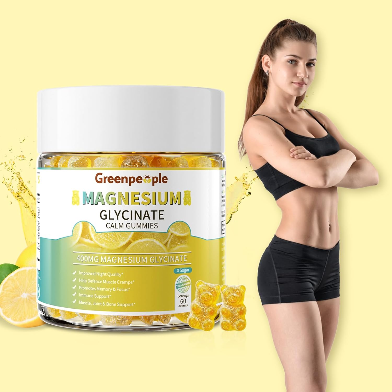 GreenPeople Sugar-Free Magnesium Glycinate Gummies – 400mg Advanced Calm & Sleep Support with Vitamin D3, B6 & Calcium (60 Count) - GreenPeople