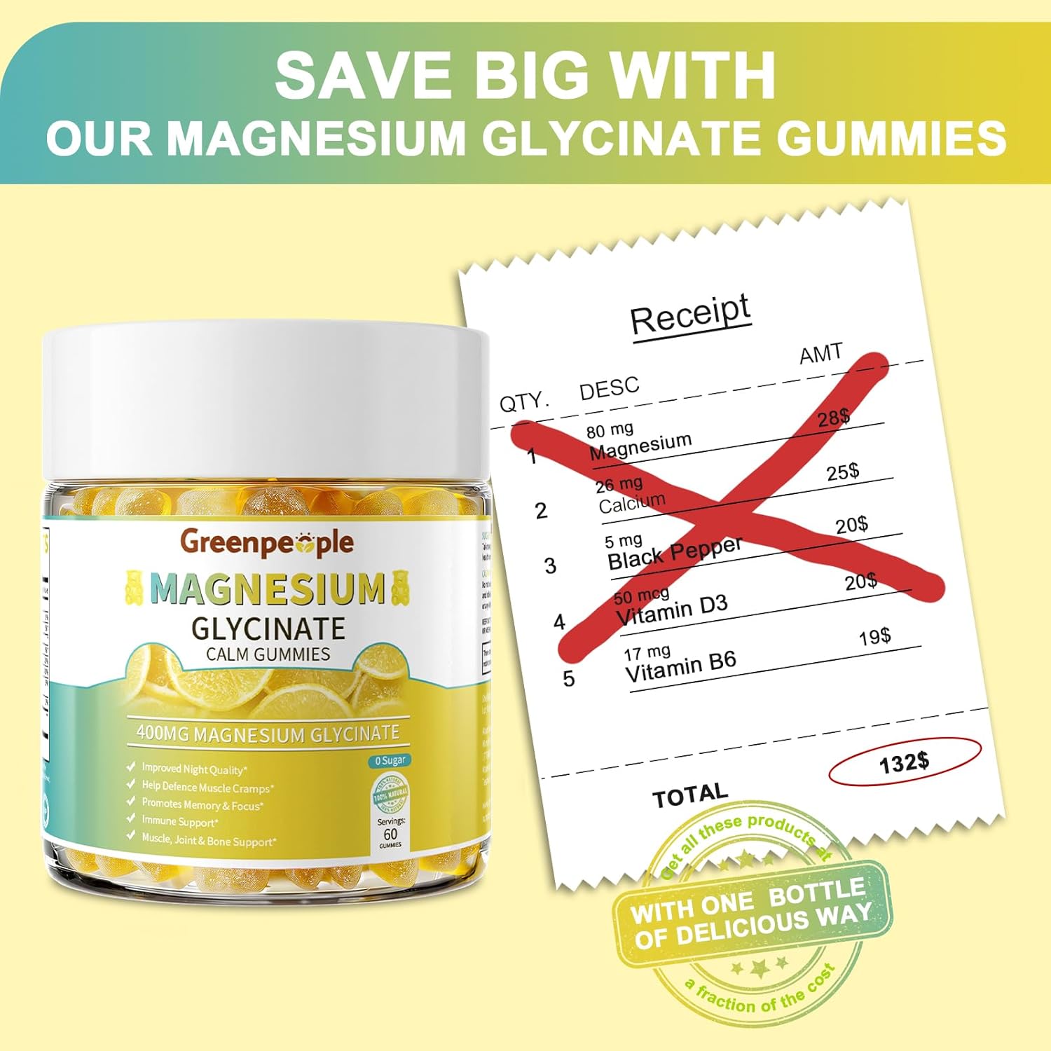 GreenPeople Sugar-Free Magnesium Glycinate Gummies – 400mg Advanced Calm & Sleep Support with Vitamin D3, B6 & Calcium (60 Count) - GreenPeople