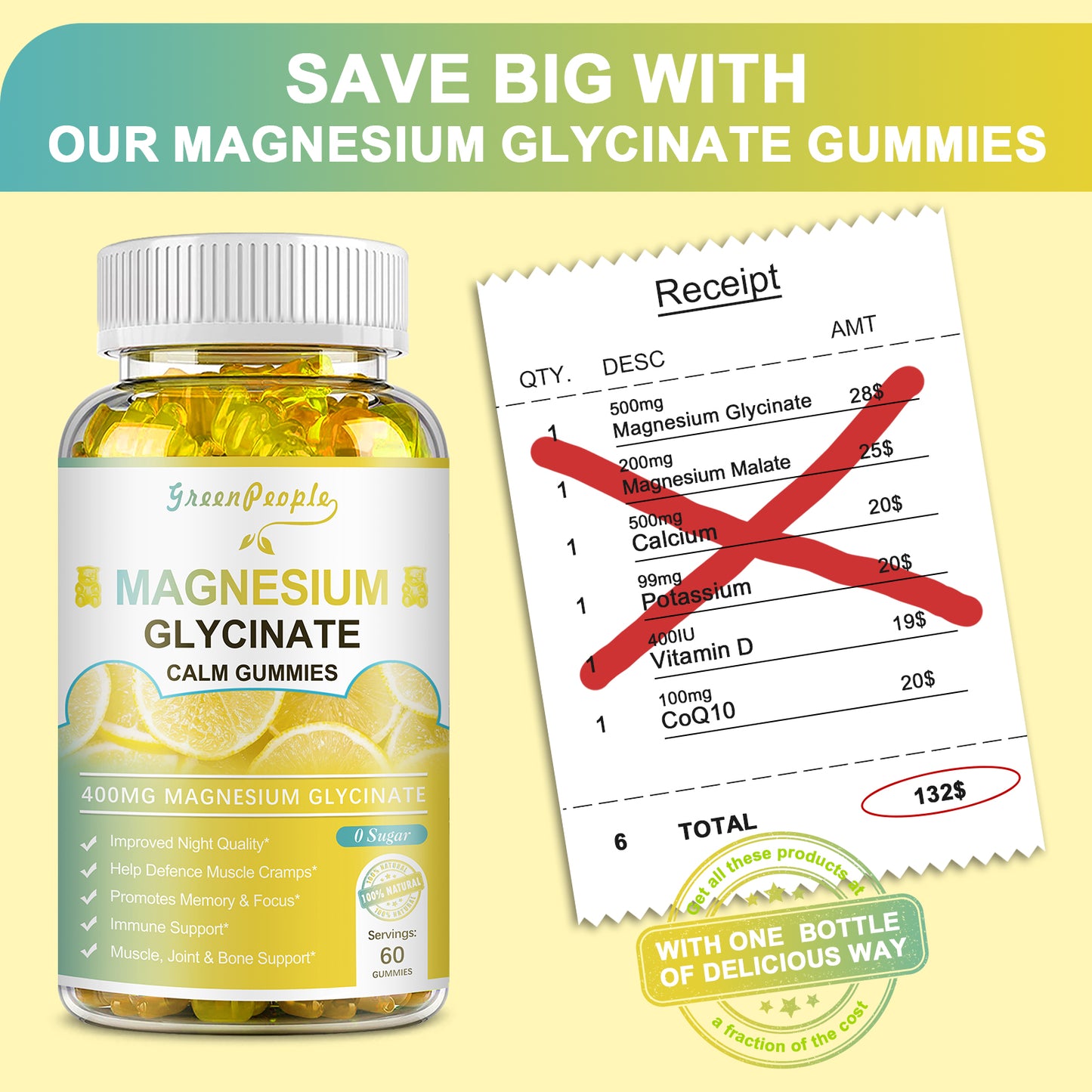 GREENPEOPLE Magnesium Glycinate Gummies Sugar Free Potassium Supplement 400mg