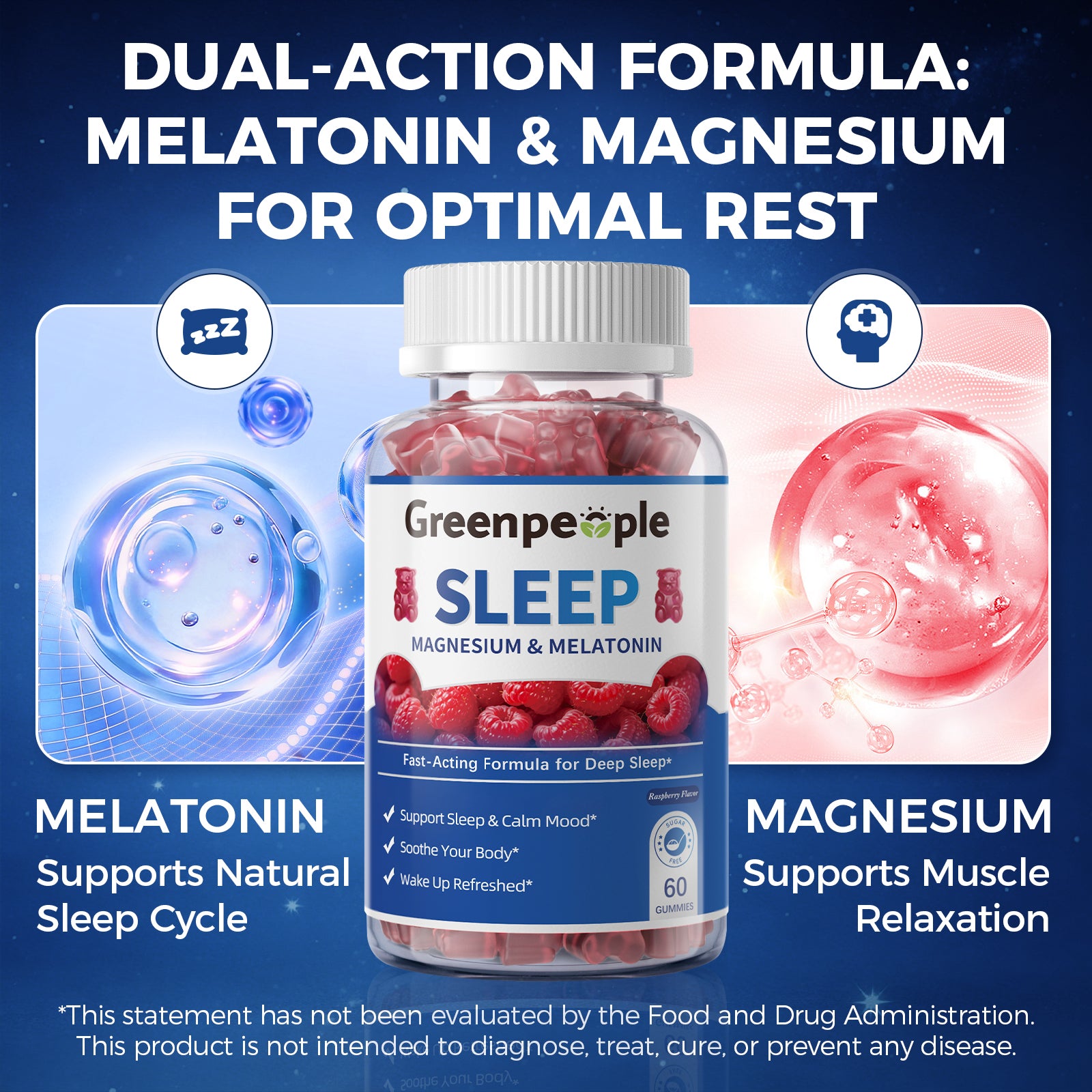 GreenPeople Magnesium & Melatonin Sleep Gummies bottle with 60 counts and colorful gummy vitamins on a white background.