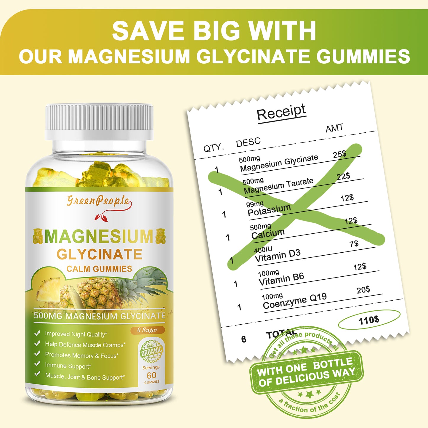 GREENPEOPLE Pineapple Flavor Magnesium Potassium Supplement Gummies Sugar Free