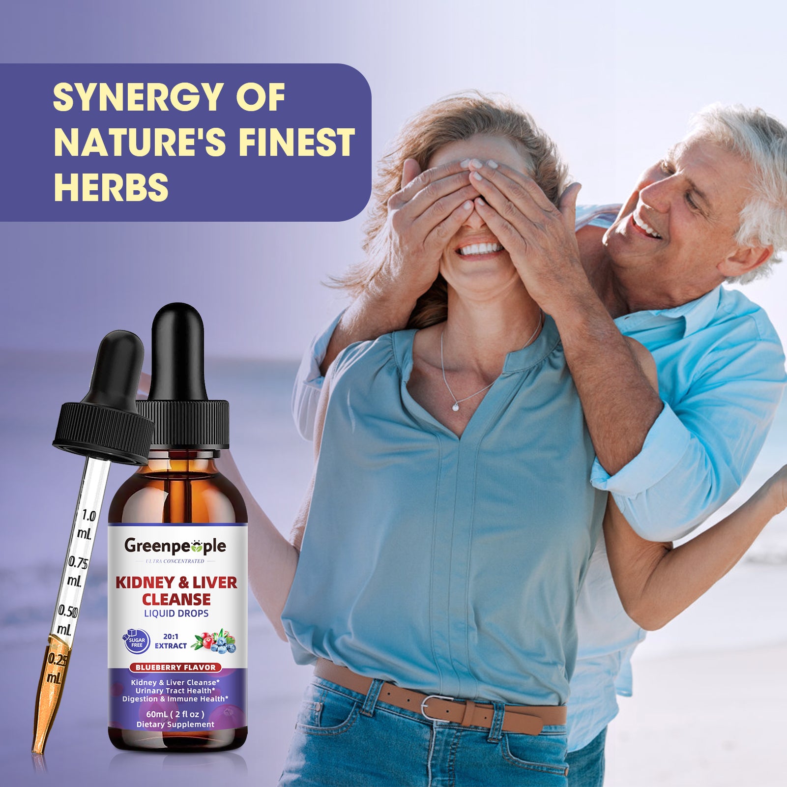 GreenPeople Advanced 27-in-1 Kidney and Liver Cleanse Drops in a 60mL bottle, showing the product label and packaging detail.