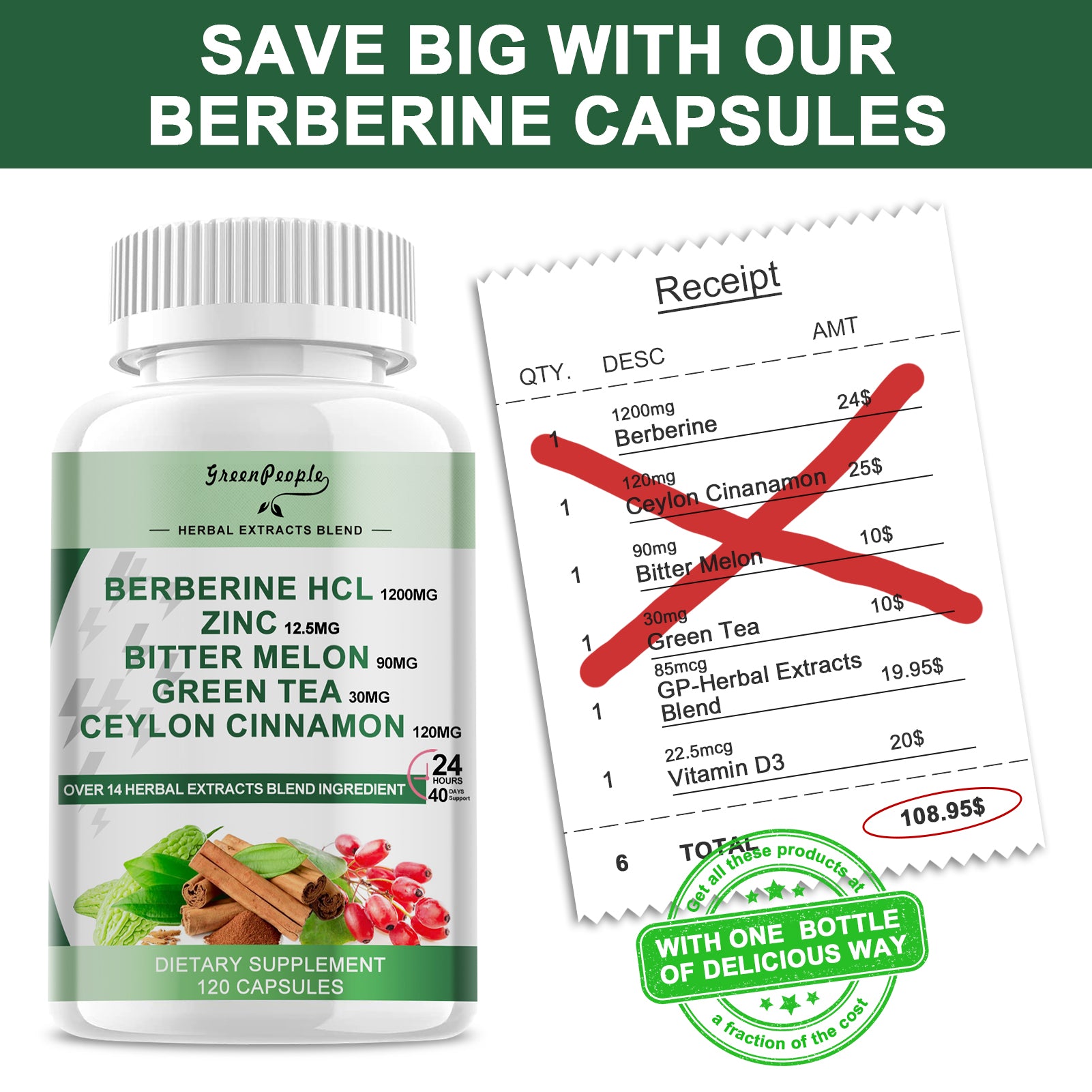 Berberine HCL 1200mg, 120 Capsules Berberine Supplement- Plus Bitter Melon Extract & Ceylon Cinnamon for Immune System - GreenPeople