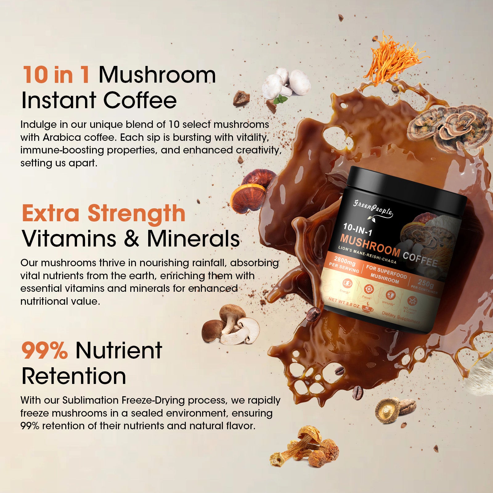 GREENPEOPLE 10 in 1 Mushroom Premium Arabica Instant Coffee with Lion’s Mane, Reishi, Turkey Tail & More