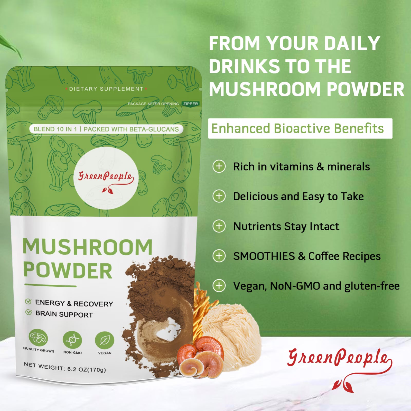 GreenPeople mushroom coffee with 10 mushroom blend and cordyceps superfood powder in 6.2oz jar, 60 servings, natural energizing beverage