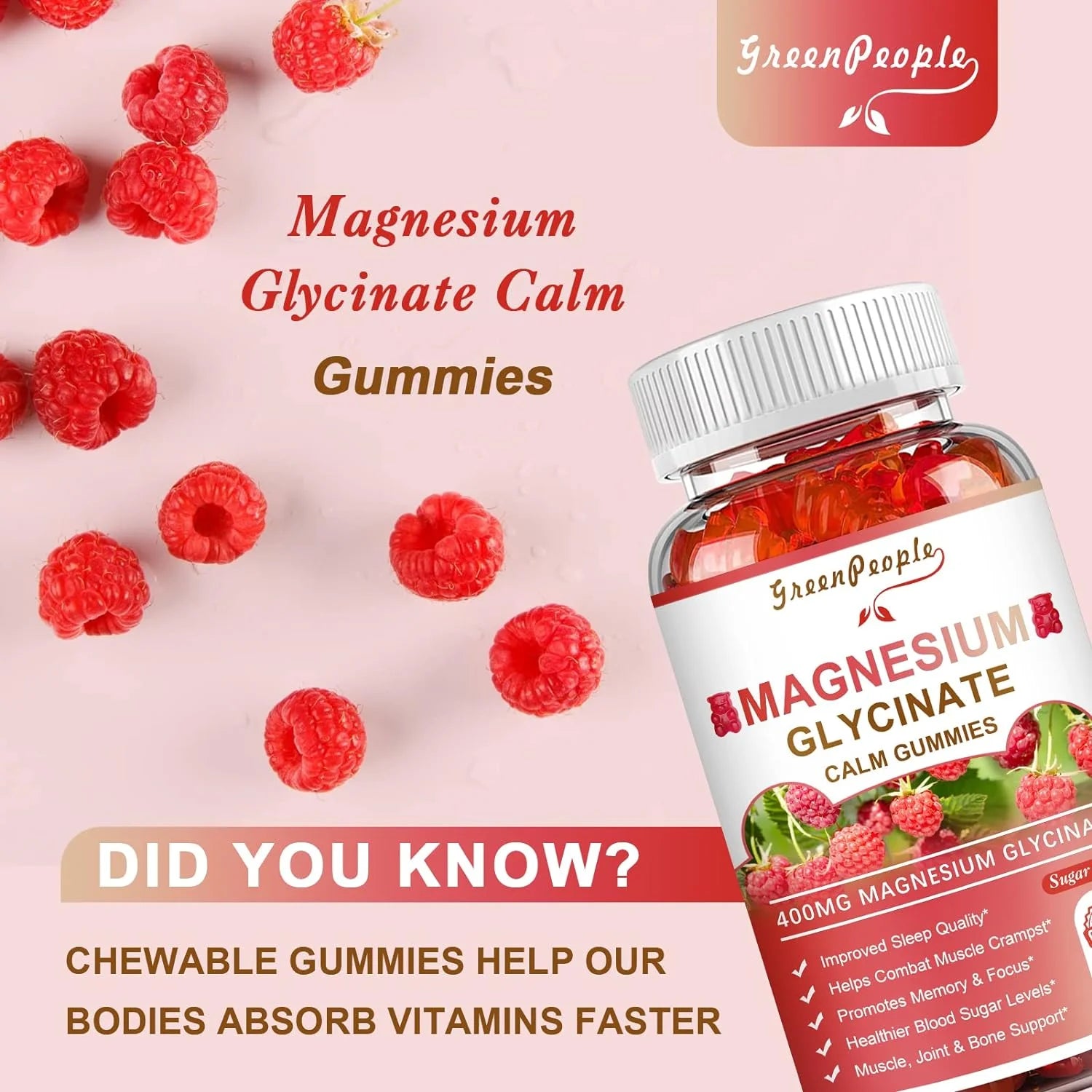 Magnesium Gummies 400mg Supplement Supports Calm Mood,Muscle,Bone,Sleep Health,60 Count - GreenPeople
