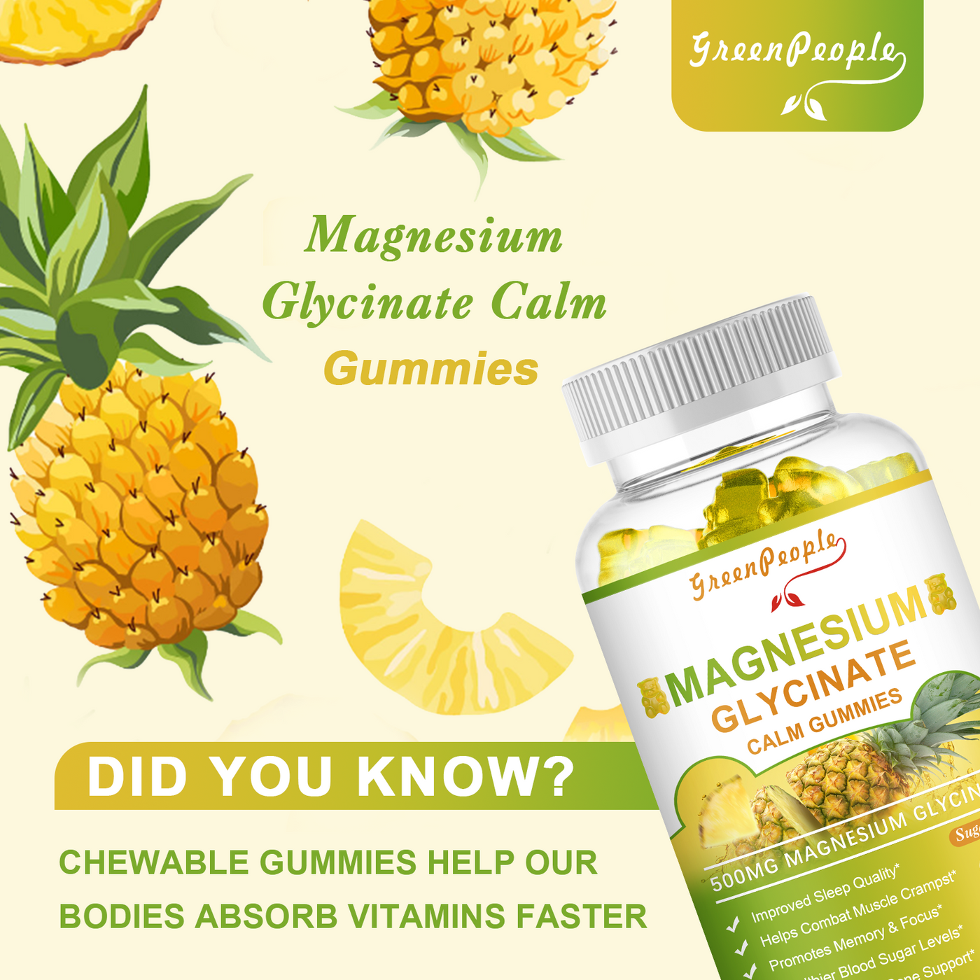 GREENPEOPLE Pineapple Flavor Magnesium Potassium Supplement Gummies Sugar Free