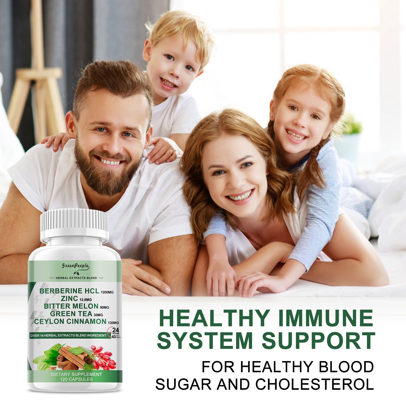 Berberine HCL 1200mg, 120 Capsules Berberine Supplement- Plus Bitter Melon Extract & Ceylon Cinnamon for Immune System - GreenPeople