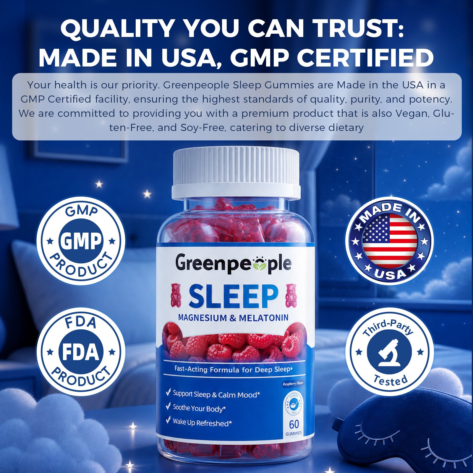 GreenPeople Magnesium & Melatonin Sleep Gummies in a bottle, showing 60 chewable supplements for restful sleep.