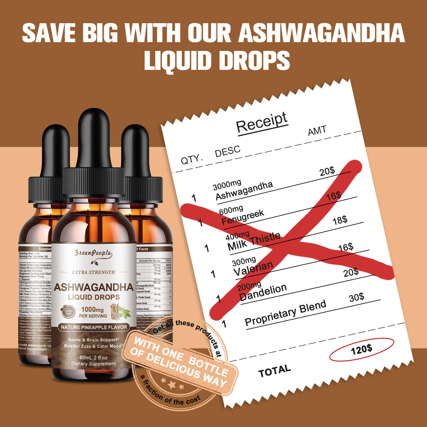 GREENPEOPLE Ashwagandha Liquid Drops Supplement for Men & Women 3000mg Gluten-Free