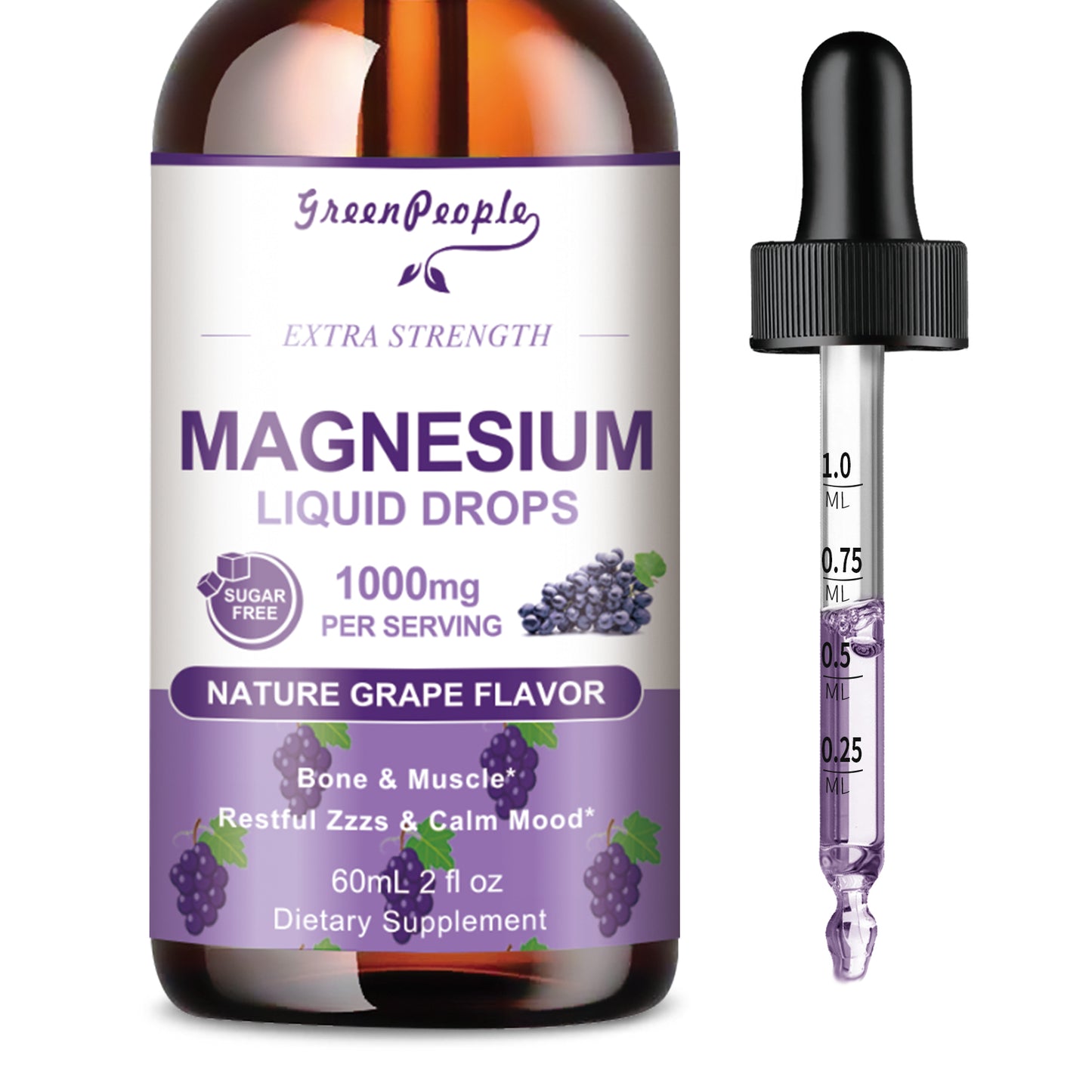 GREENPEOPLE Magnesium Glycinate Liquid Drops 1000mg Liquid Magnesium Complex with D3 K2 & B6 Sugar-Free Grape Flavor