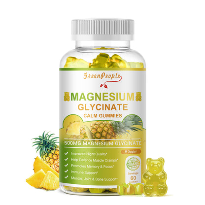 GreenPeople Magnesium Glycinate Gummies with Citrate 1000mg Supplement with Vitamin D, K2 for Calm Mood & Zzz Support - 60 Pineapple Gummies