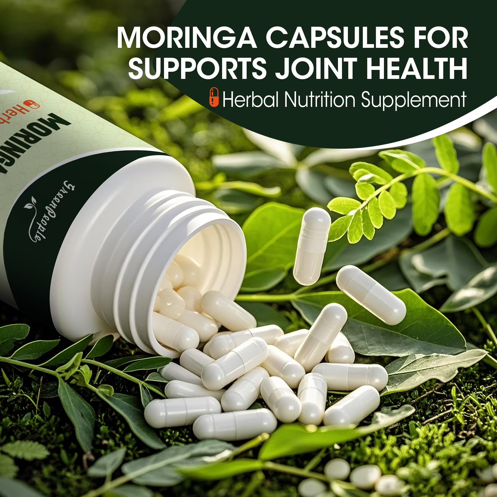 GreenPeople Moringa Pure Capsules and green Moringa powder, natural green Moringa leaf extract in a bottle, 180 capsules