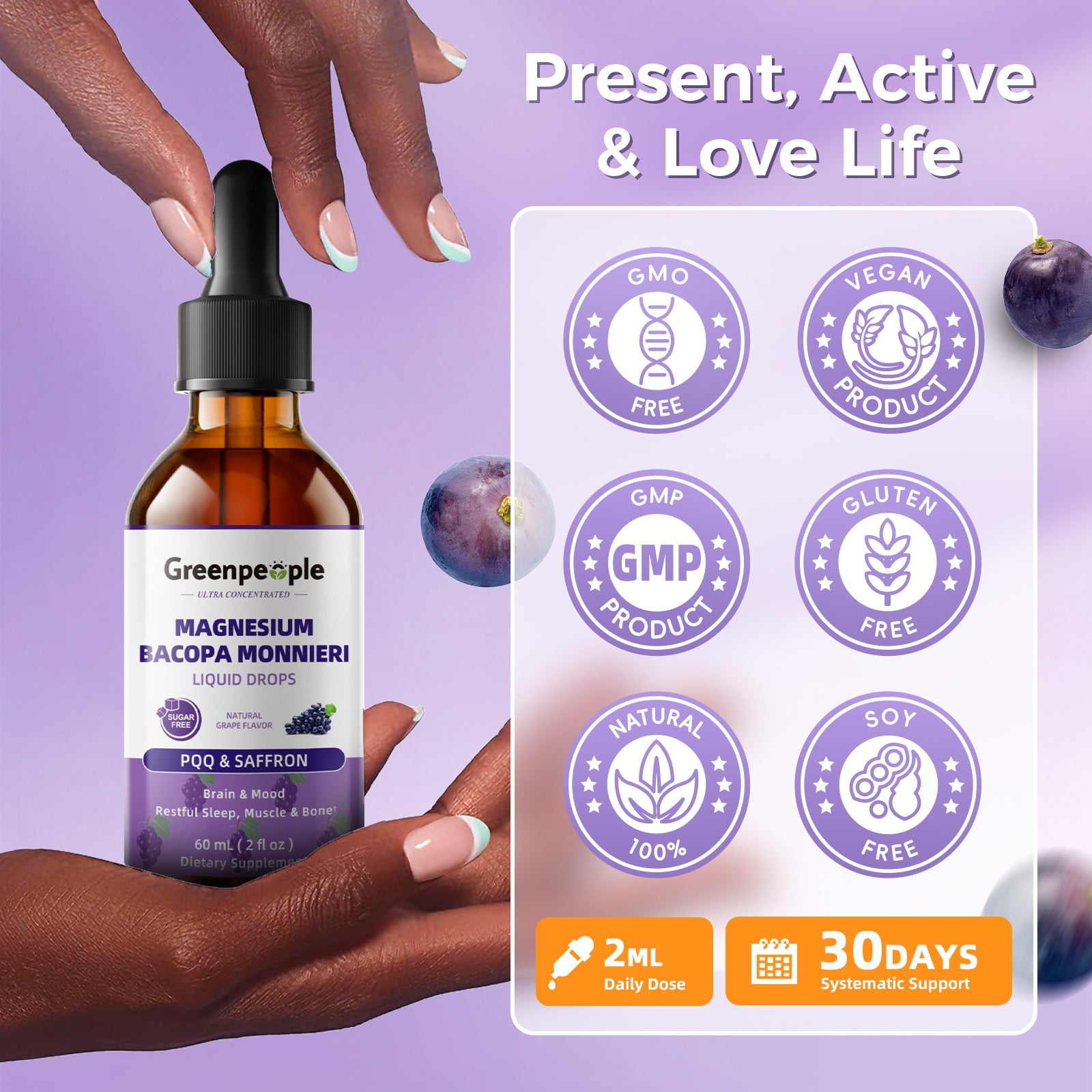 GreenPeople 4-in-1 Magnesium Glycinate liquid drops in 2 fl oz bottle, showing the health supplement with dropper bottle and label.
