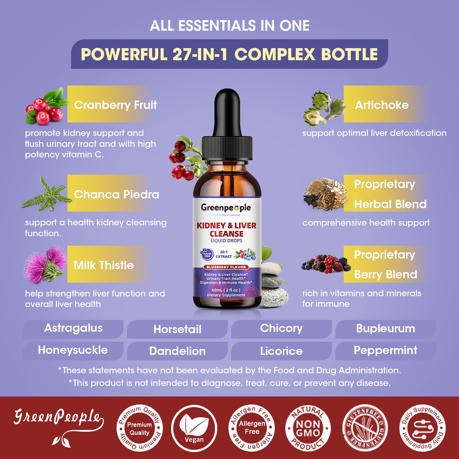 GreenPeople Advanced 27-in-1 Kidney and Liver Cleanse Drops 60mL bottle with dropper for detox support.