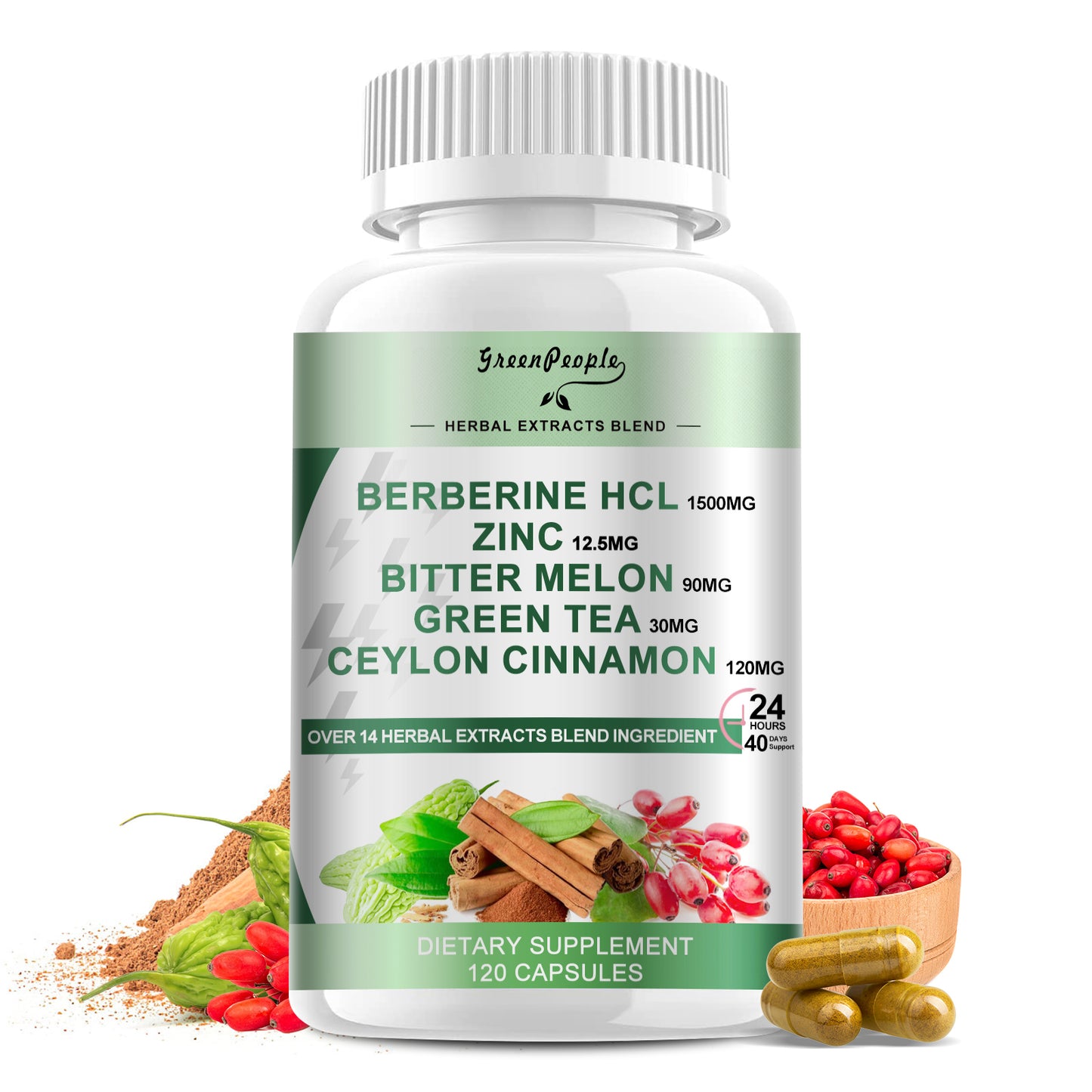 GreenPeople Berberine 1500mg Supplement with Ceylon Cinnamon Bitter Melon/Artichoke Extracts & Natural Herbs for Immune Support 120 Count