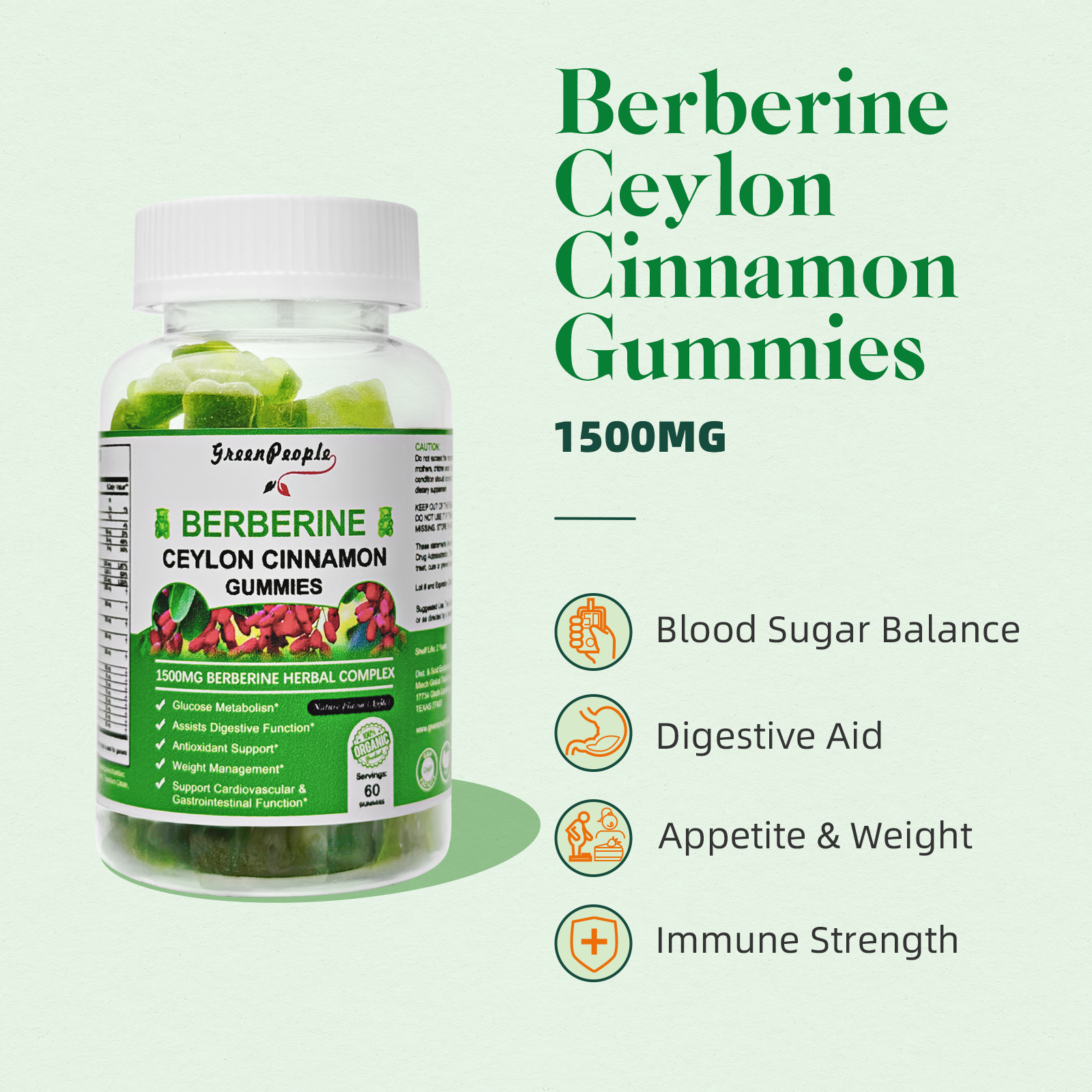 (2Pack) Berberine Gummies 1500mg with Ceylon Cinnamon Sugar Free 120 CT Apple Flavor - GreenPeople