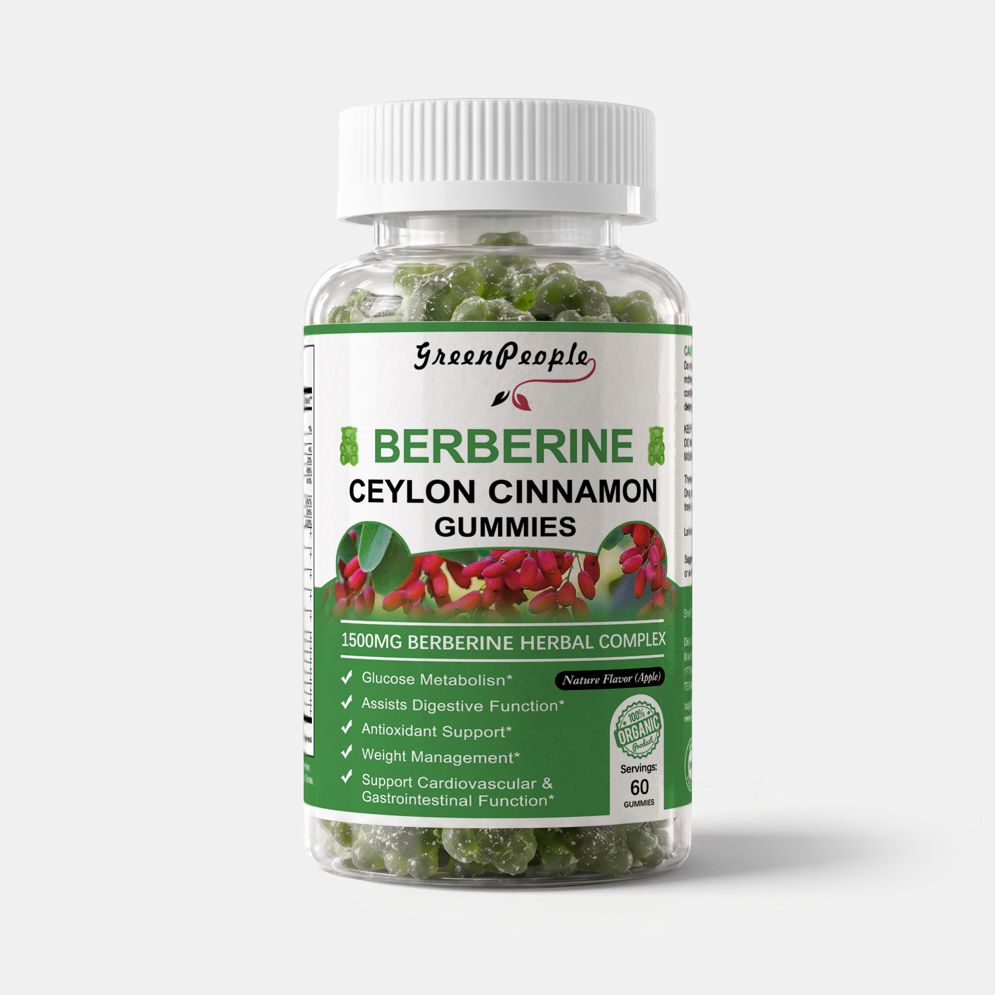 GreenPeople Berberine with Ceylon Cinnamon gummies in a bottle, 60-count supplement, featuring bear-shaped gummies on the label.