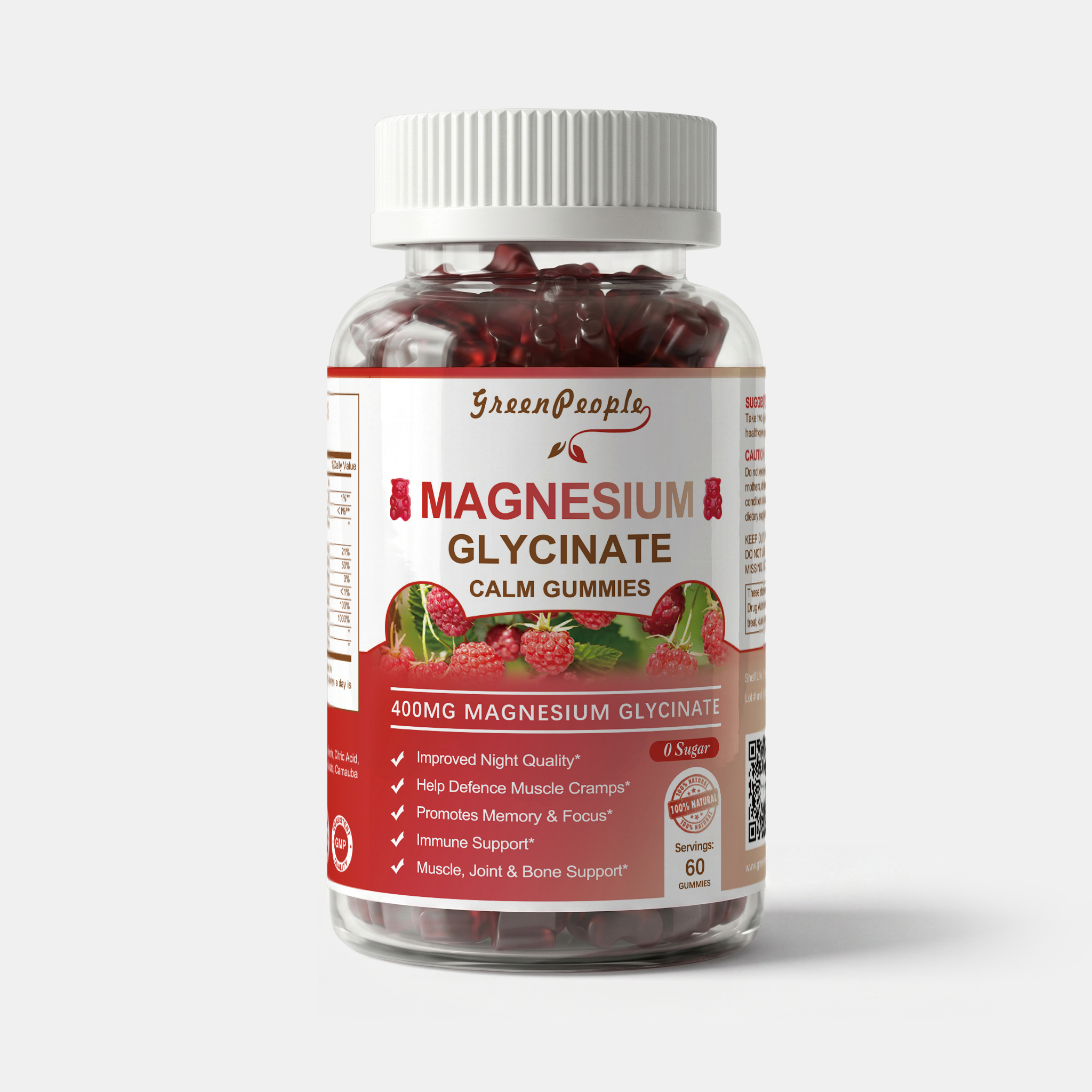 GreenPeople Magnesium Glycinate Gummies 400mg with bear-shaped gummies in a clear container, 60 count bottle.