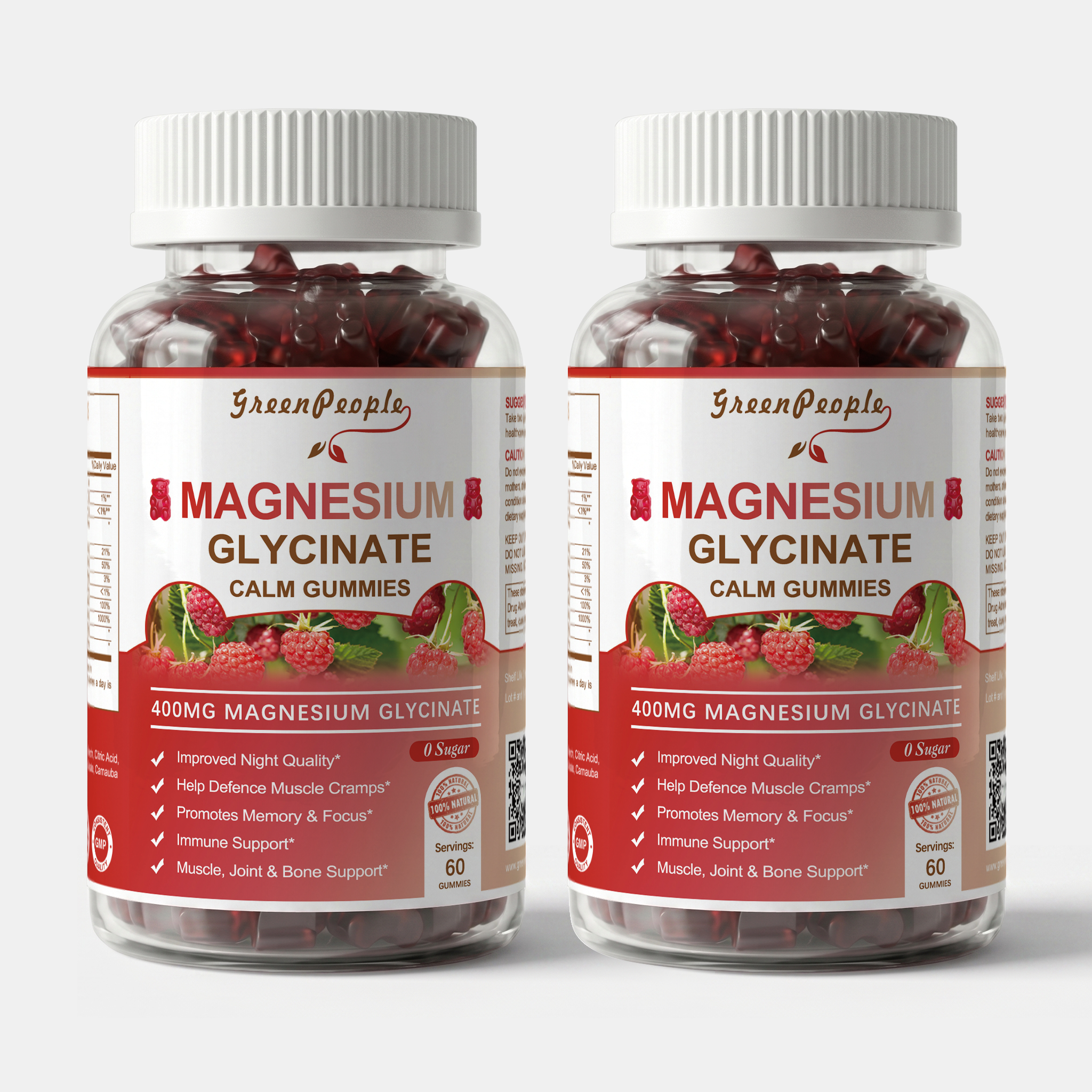 Two bottles of GreenPeople Magnesium Glycinate Gummies 400mg with 120 gummies each, featuring bear-shaped gummies in the image.