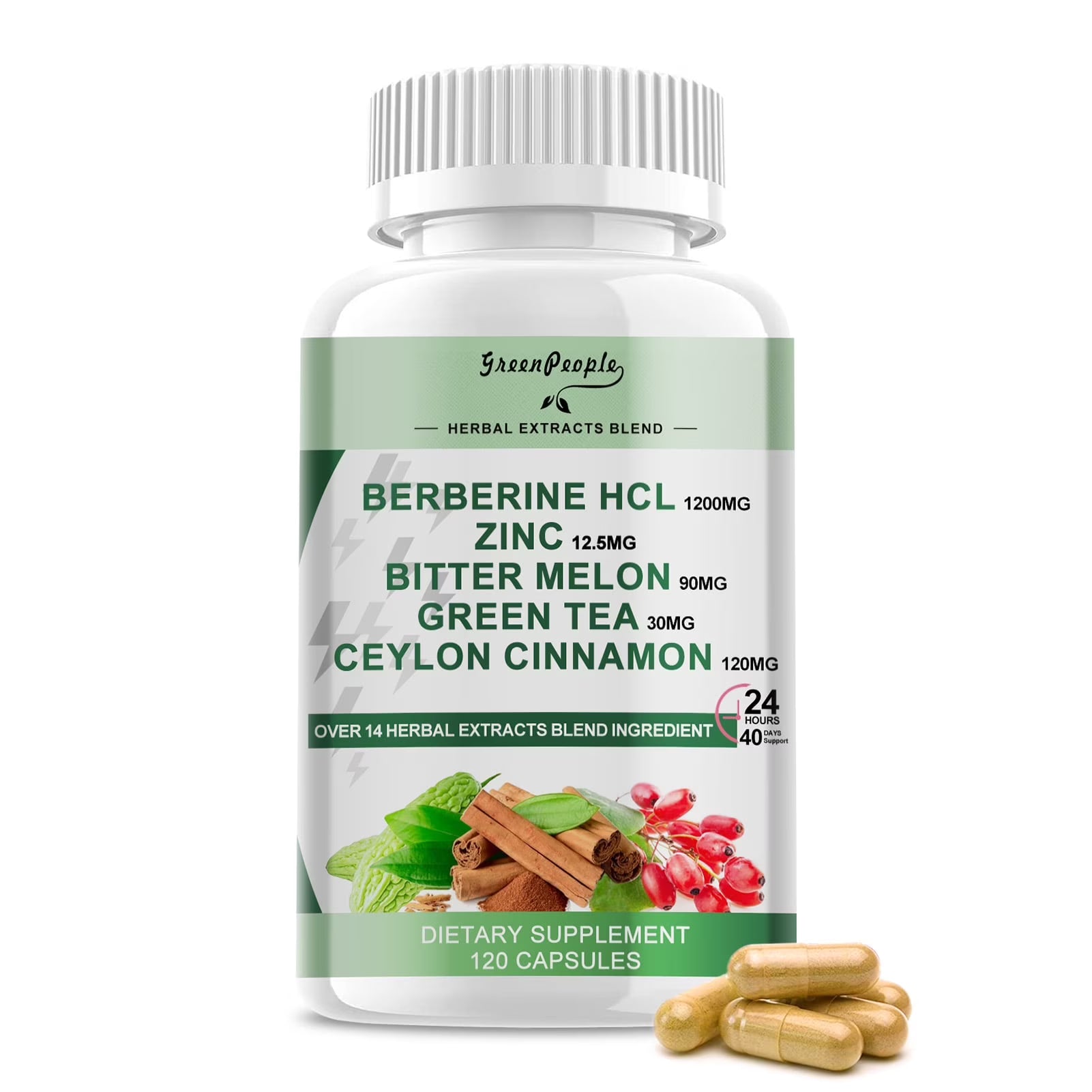 Berberine HCL 1200mg, 120 Capsules Berberine Supplement- Plus Bitter Melon Extract & Ceylon Cinnamon for Immune System - GreenPeople