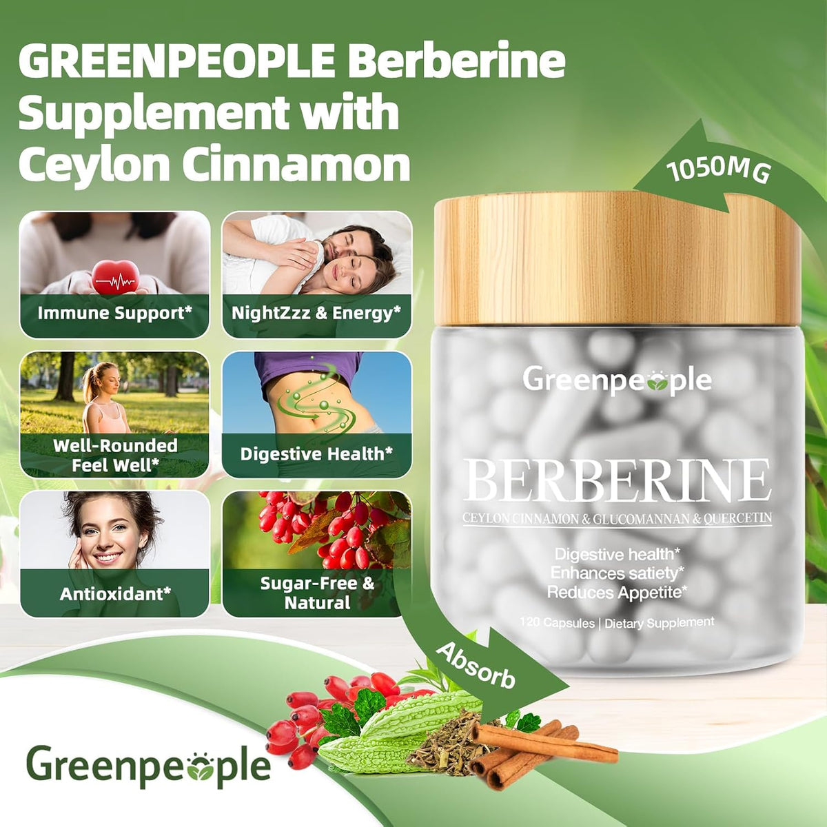 GreenPeople Liposomal Berberine 1500mg capsules, 120 softgel capsules, showing the dietary supplement bottle and capsules.