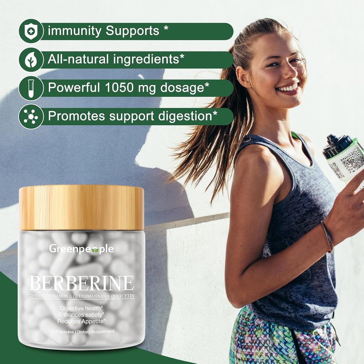 GreenPeople Liposomal Berberine 1500mg capsules, 120 softgel capsules, showing the supplement bottle and capsules.