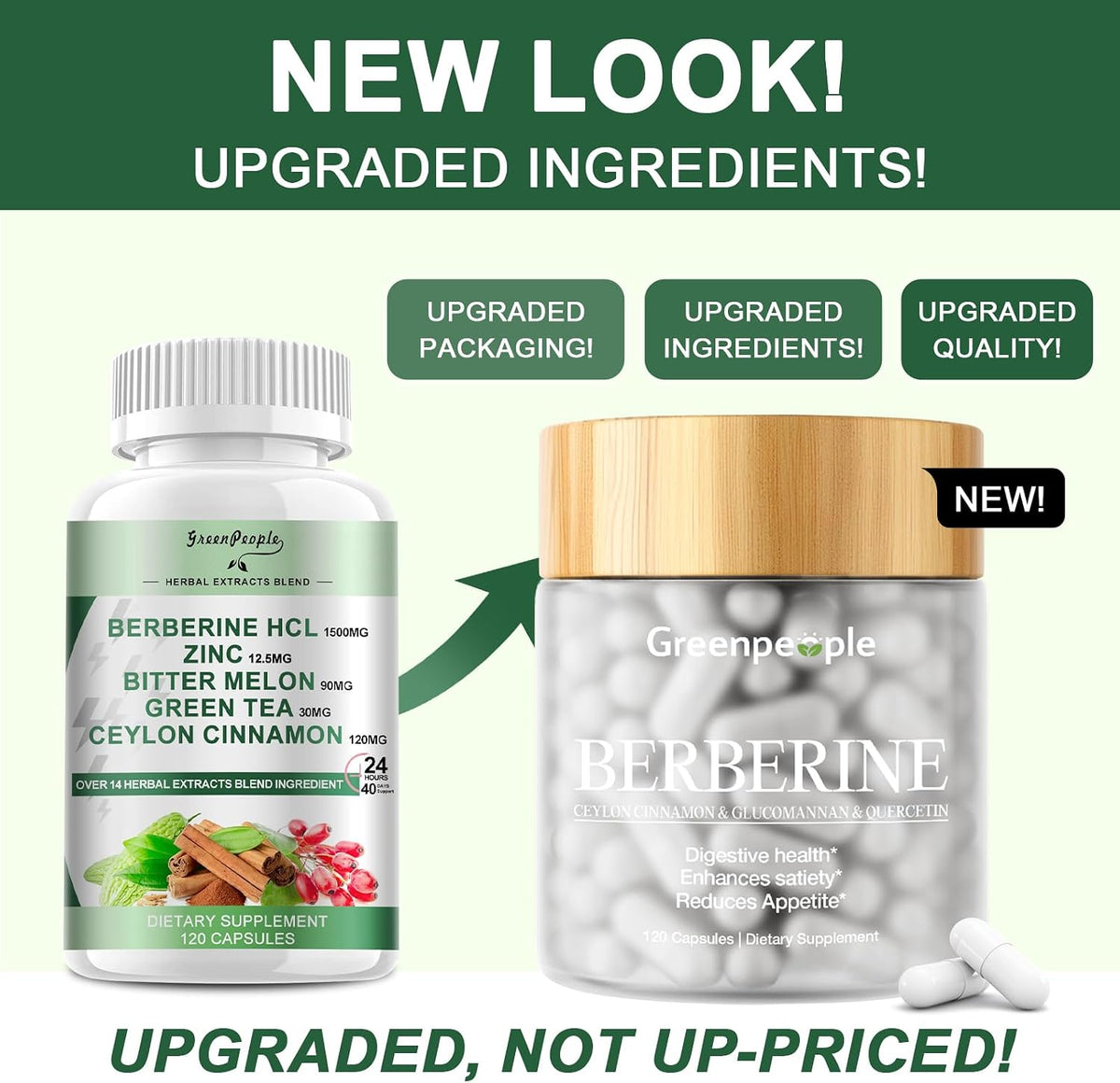 GreenPeople Liposomal Berberine 1500mg capsules, 120 softgel capsules, showing the supplement bottle and capsules.