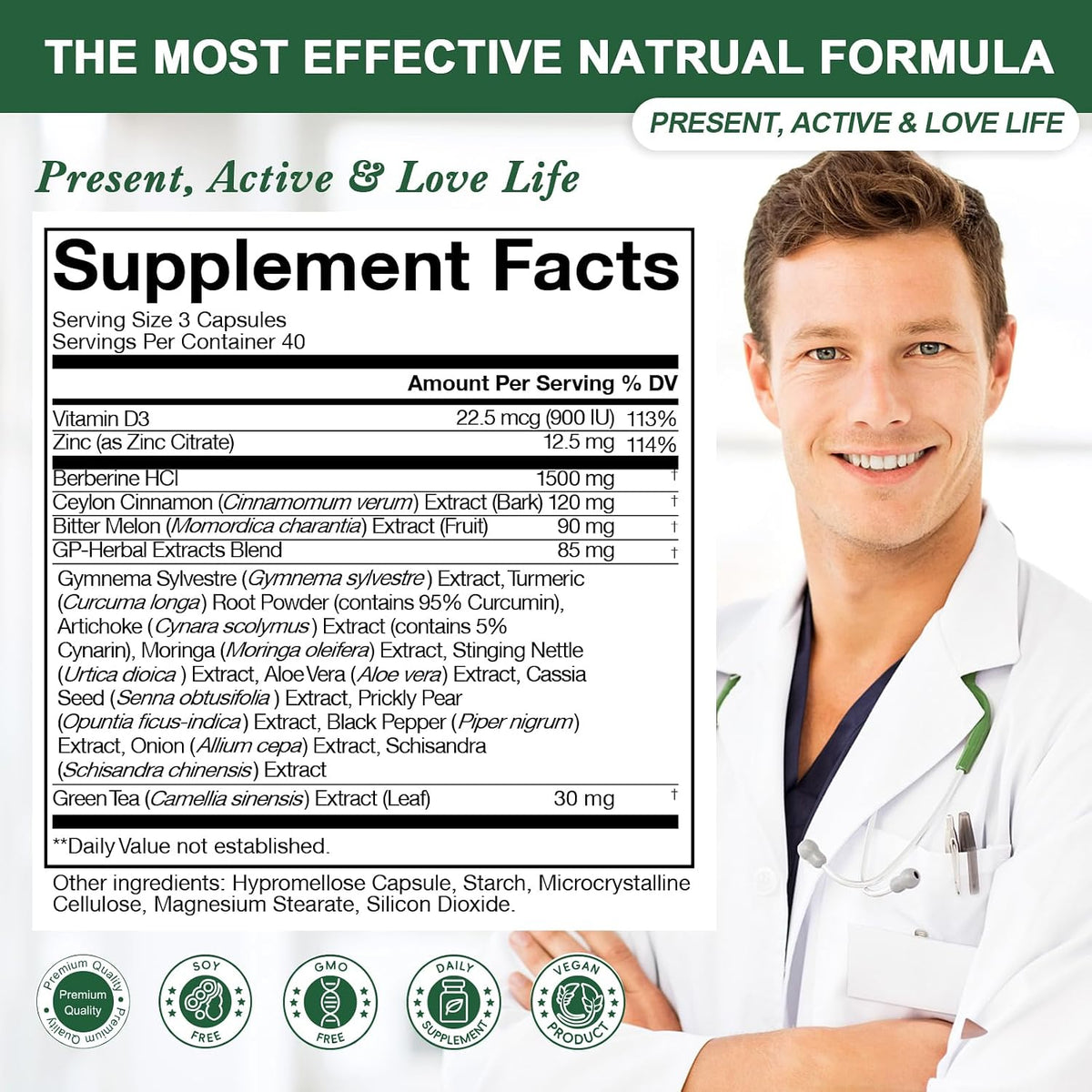GreenPeople Liposomal Berberine 1500mg capsules, 120 softgel capsules, show the supplement bottle with green label and capsules.