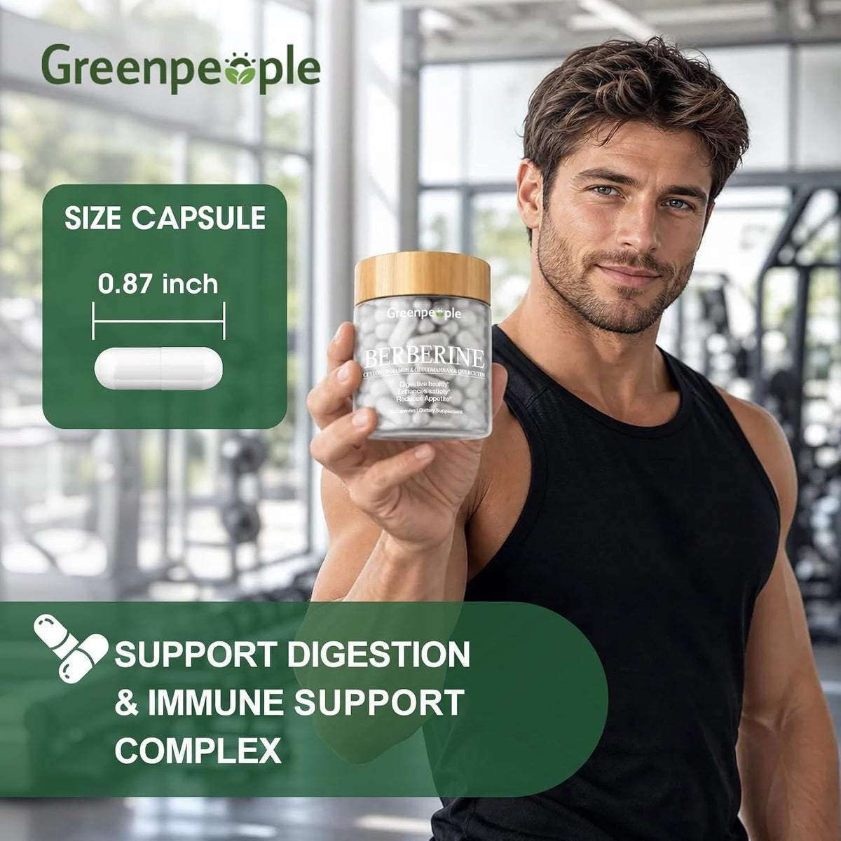 GreenPeople Liposomal Berberine 1500mg capsules, 120 softgel caps, showing the supplement bottle with green labeling and capsules inside.
