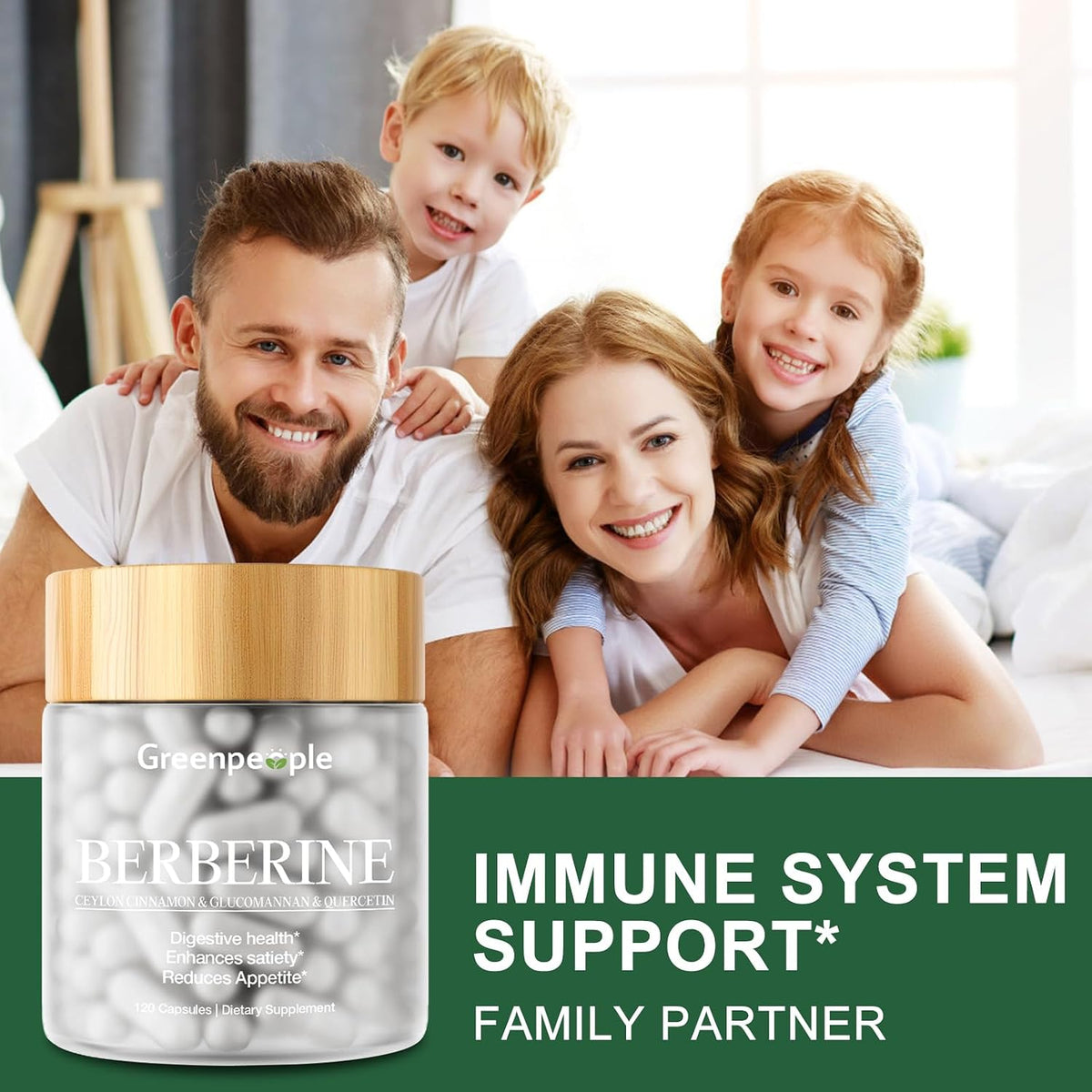 GreenPeople Liposomal Berberine 1500mg capsules, 120 softgel capsules, showing the supplement bottle and capsules inside.