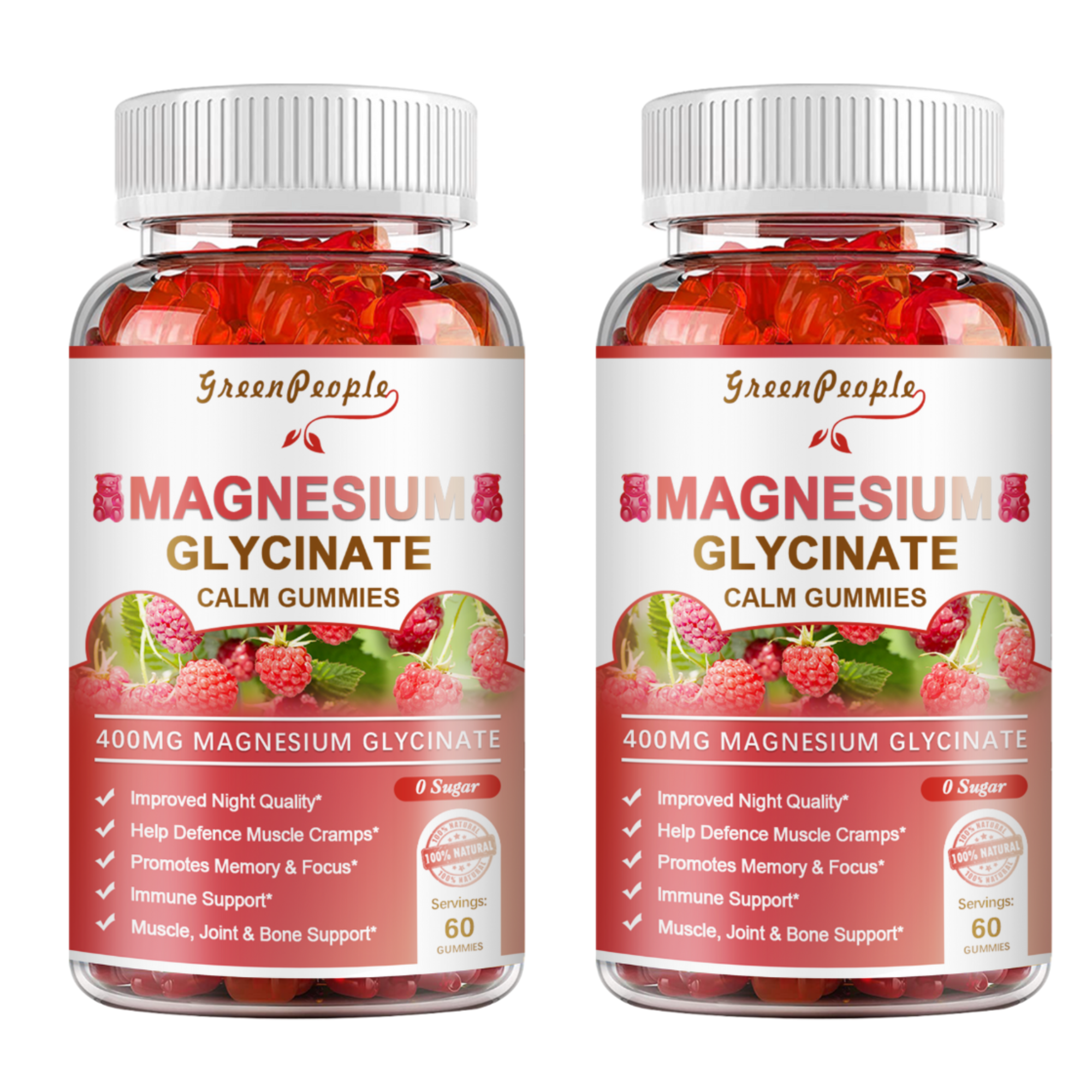 (2 Pack)Magnesium Glycinate Gummies 400mg,with Magnesium Malate,CoQ10 for Calm Mood & Sleep,60 Count - GreenPeople