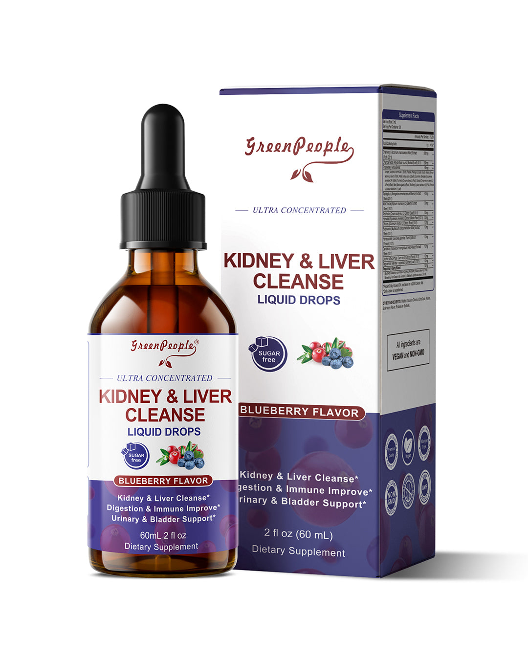 27-in-1 Kidney & Liver Support Liquid Drops - 20:1 Cranberry Extract, Blueberry Flavor - Non-GMO (2 fl oz) - GreenPeople