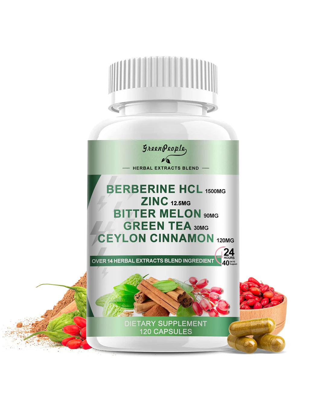 GreenPeople Berberine 1500mg Supplement with Ceylon Cinnamon Bitter Melon/Artichoke Extracts & Natural Herbs for Immune Support - GreenPeople