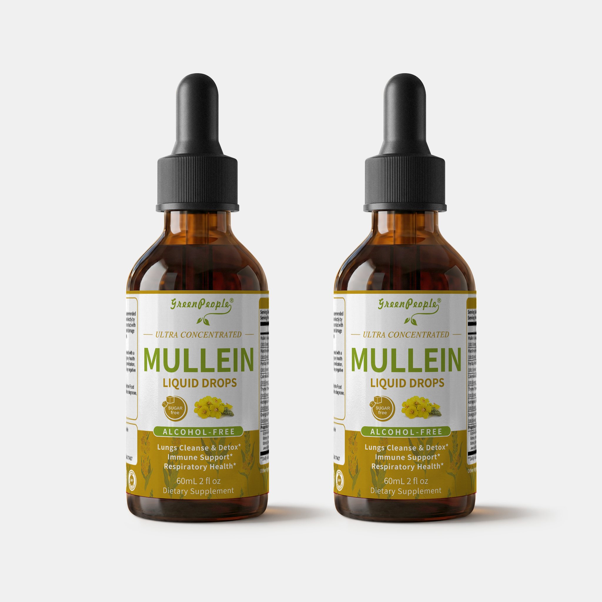GreenPeople Mullein Leaf Drops 2-pack, 2 FL oz each, featuring amber bottles with dropper caps and label detailing.