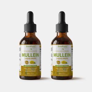 GreenPeople Mullein Leaf Drops 2-pack, 2 FL oz each, featuring amber bottles with dropper caps and label detailing.