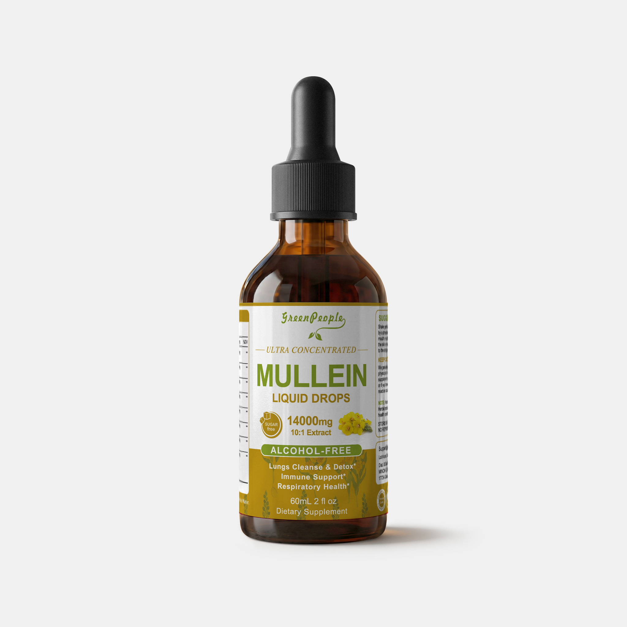 GreenPeople Mullein Drops in a 60ml bottle, natural herbal supplement with droplet dispensing cap, for soothing respiratory support.