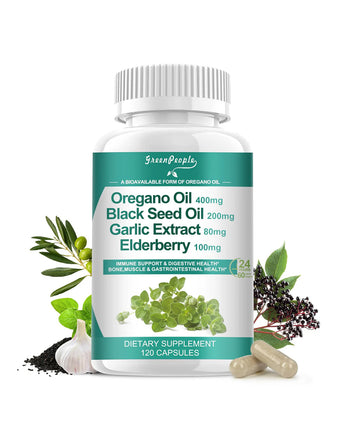 GreenPeople Organic Oregano Oil Complex with Black Seed Oil, Garlic & Elderberry – Immune & Digestive Support  – 120 Vegan Capsules