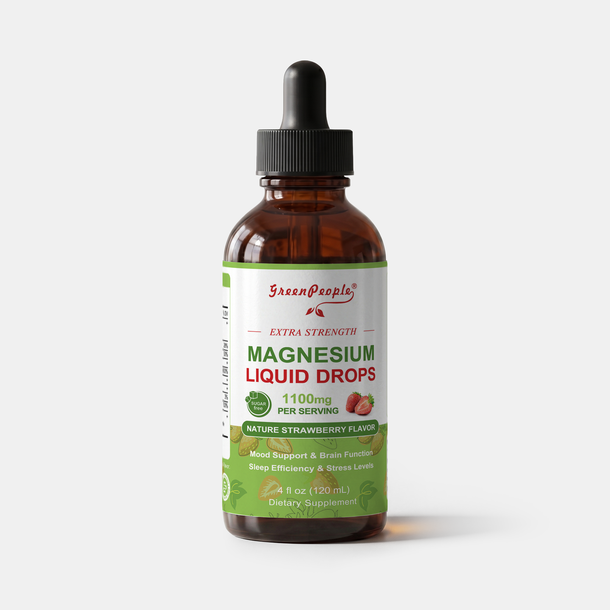 GreenPeople Triple Magnesium Complex liquid drops in a 4 fl oz bottle, showing the dropper and product label.