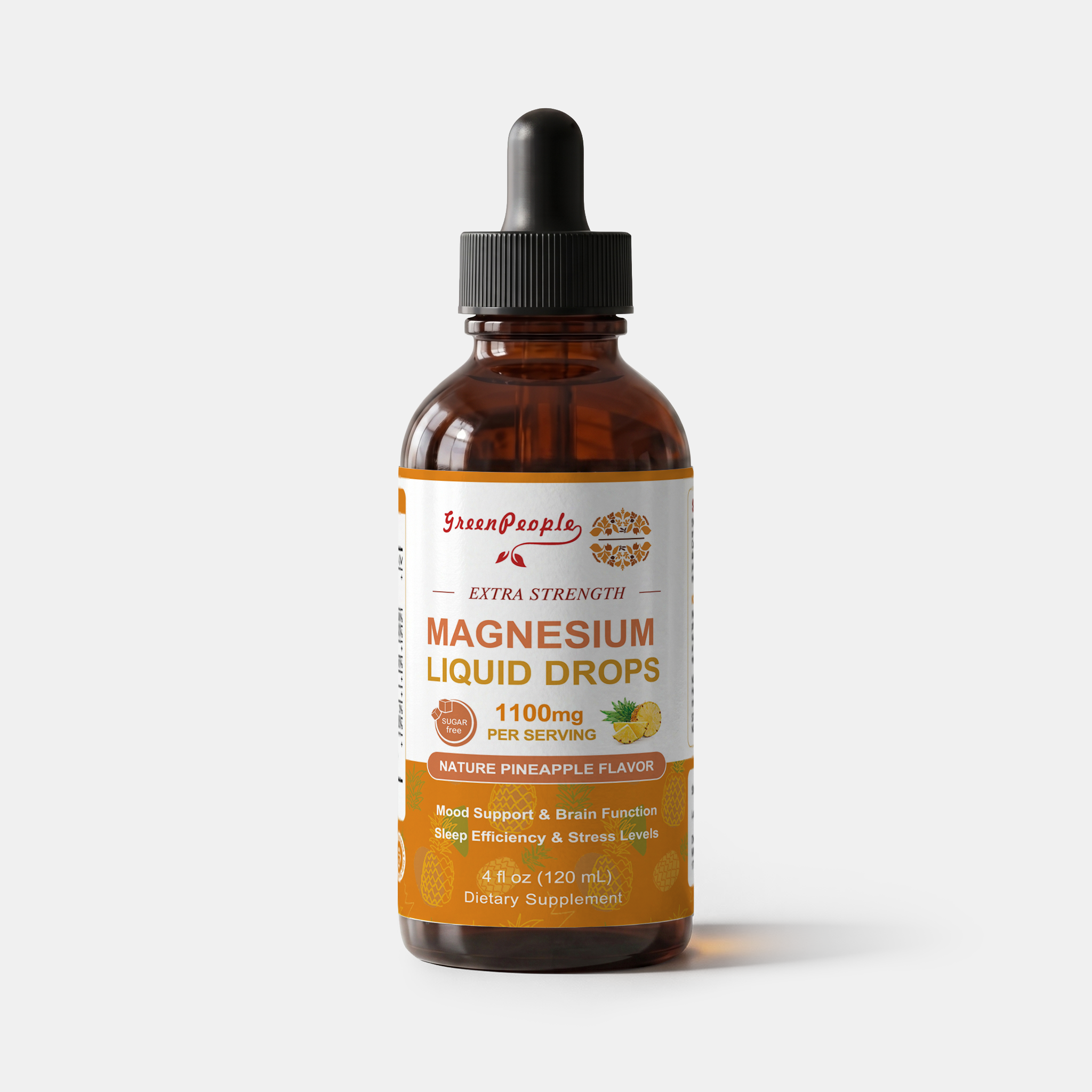GreenPeople Triple Magnesium Complex liquid drops in a 4 fl oz (120 mL) bottle with a pineapple flavor label.