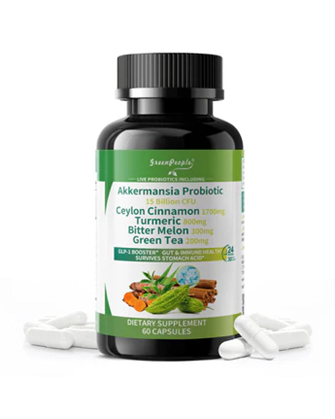 GreenPeople Akkermansia Probiotics 15B CFU with Ceylon Cinnamon & Turmeric – Gut & Metabolic Support, 60 Capsules - GreenPeople