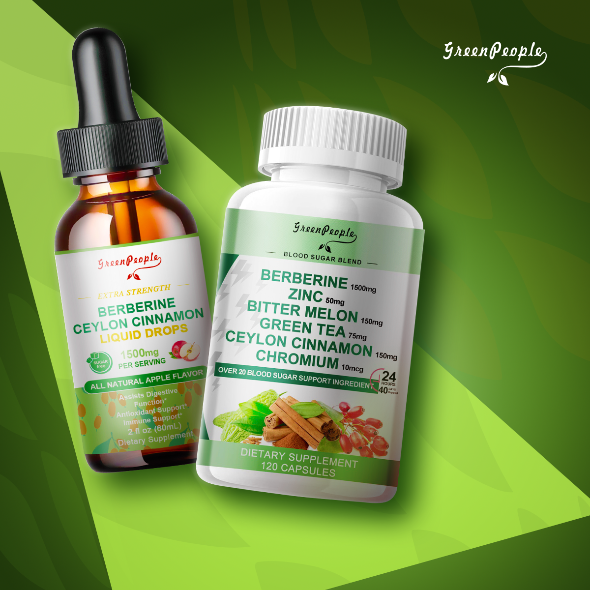 GreenPeople Natural Blood Sugar Regulator Bundle Berberine Capsule and Liquid Drop Dietary Supplement