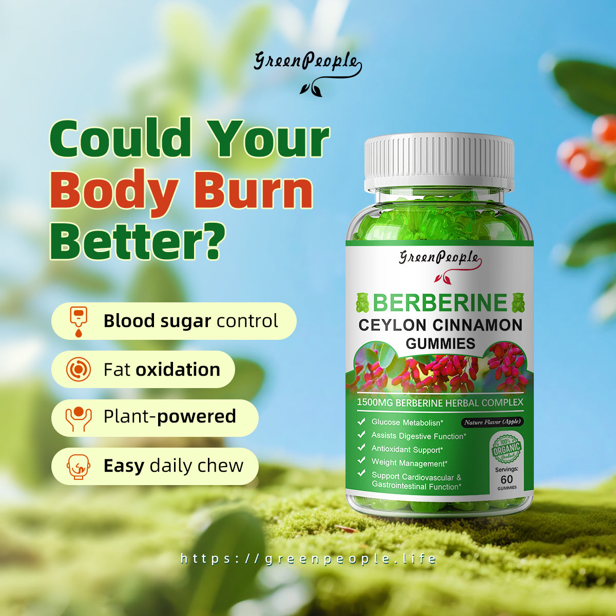 (2Pack) Berberine Gummies 1500mg with Ceylon Cinnamon Sugar Free 120 CT Apple Flavor - GreenPeople