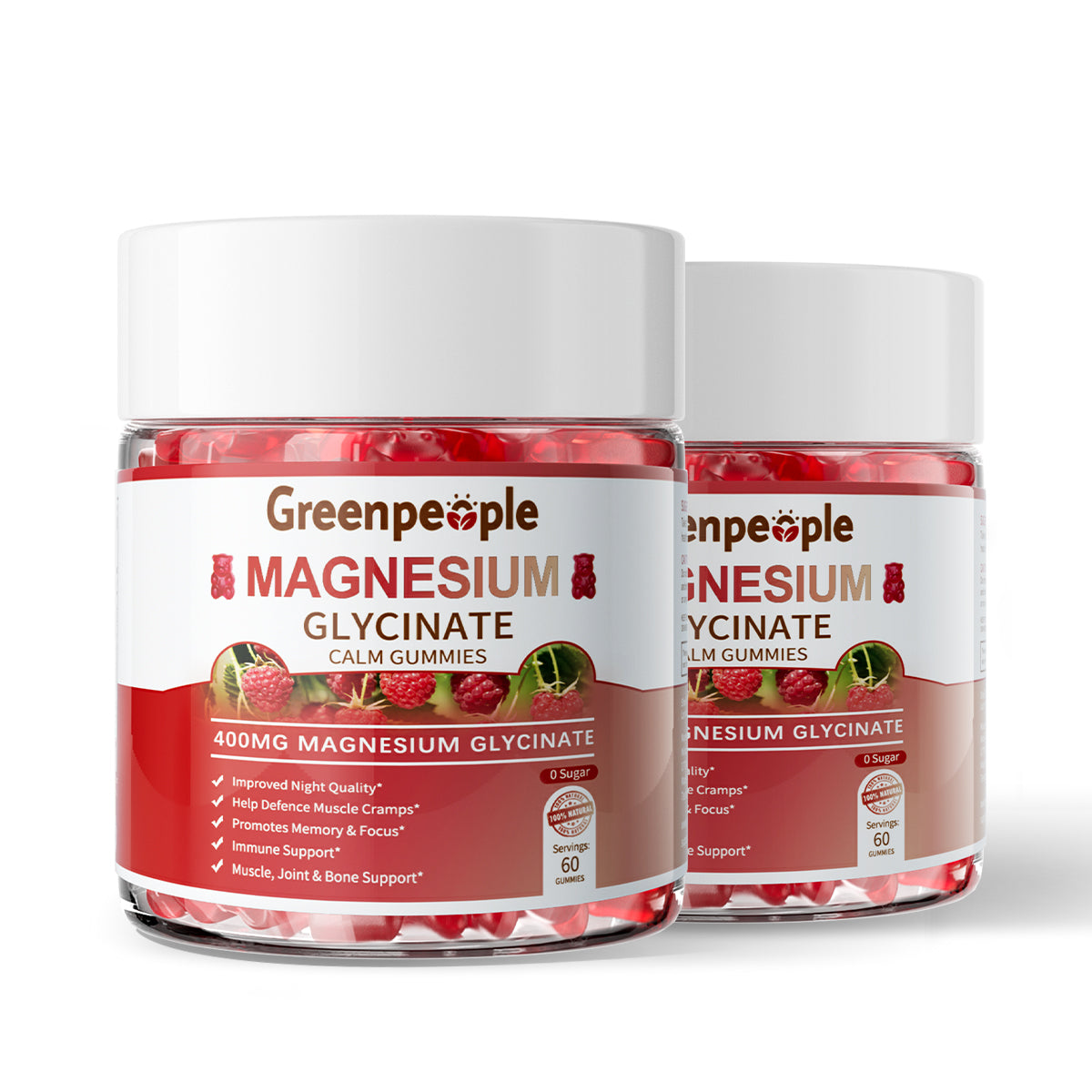 GreenPeople Magnesium Glycinate Gummies 400mg (2-Pack) - Sugar-Free Mag Citrate, D3, B6 for Calm, Sleep & Muscle Support - GreenPeople