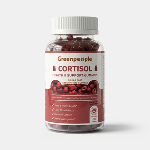 GreenPeople cortisol balance gummies in a clear jar with colorful gummy bears, promoting stress relief and hormonal health.