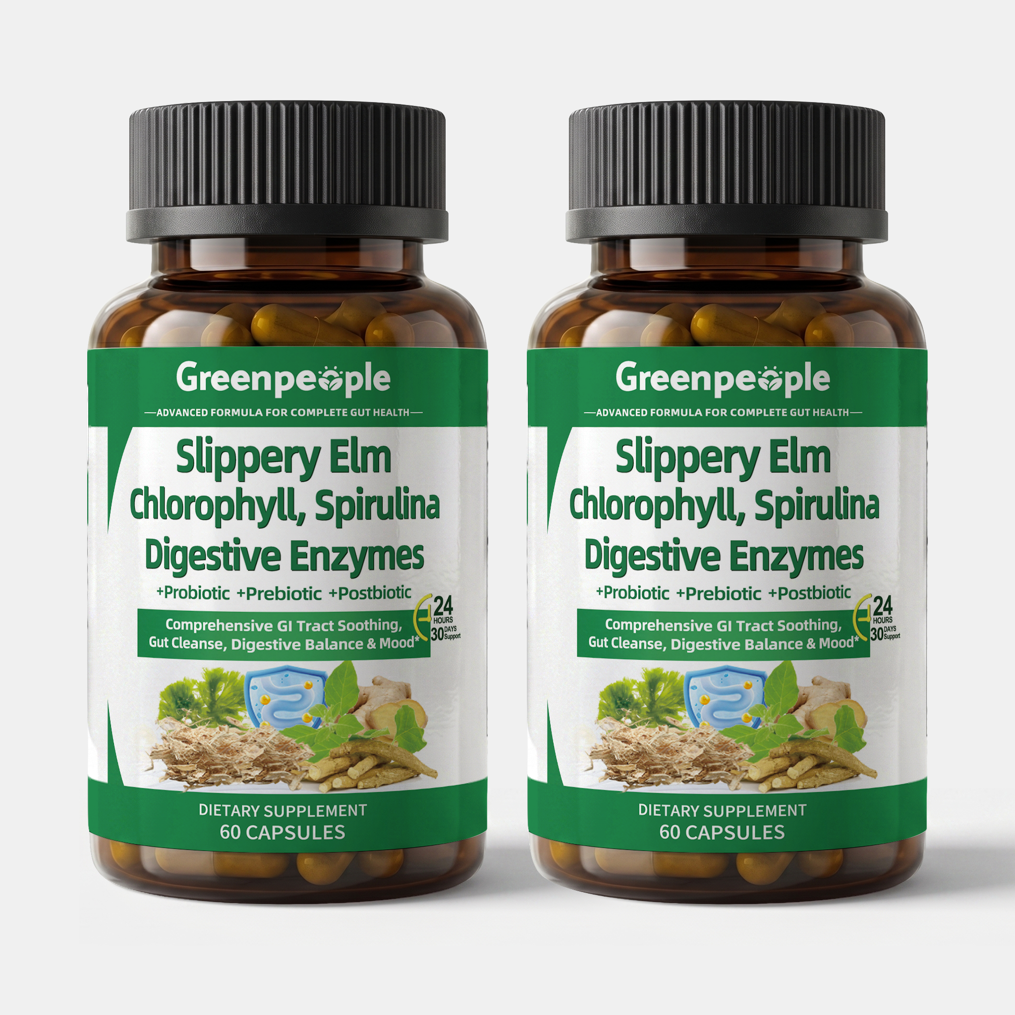 GreenPeople Slippery Elm & Enzymes Capsules, 120-count bottle, showing the supplement capsules inside a clear container with label.