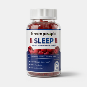 GreenPeople Magnesium and Melatonin Sleep Gummies bottle with 60-count, natural supplement for restful sleep.