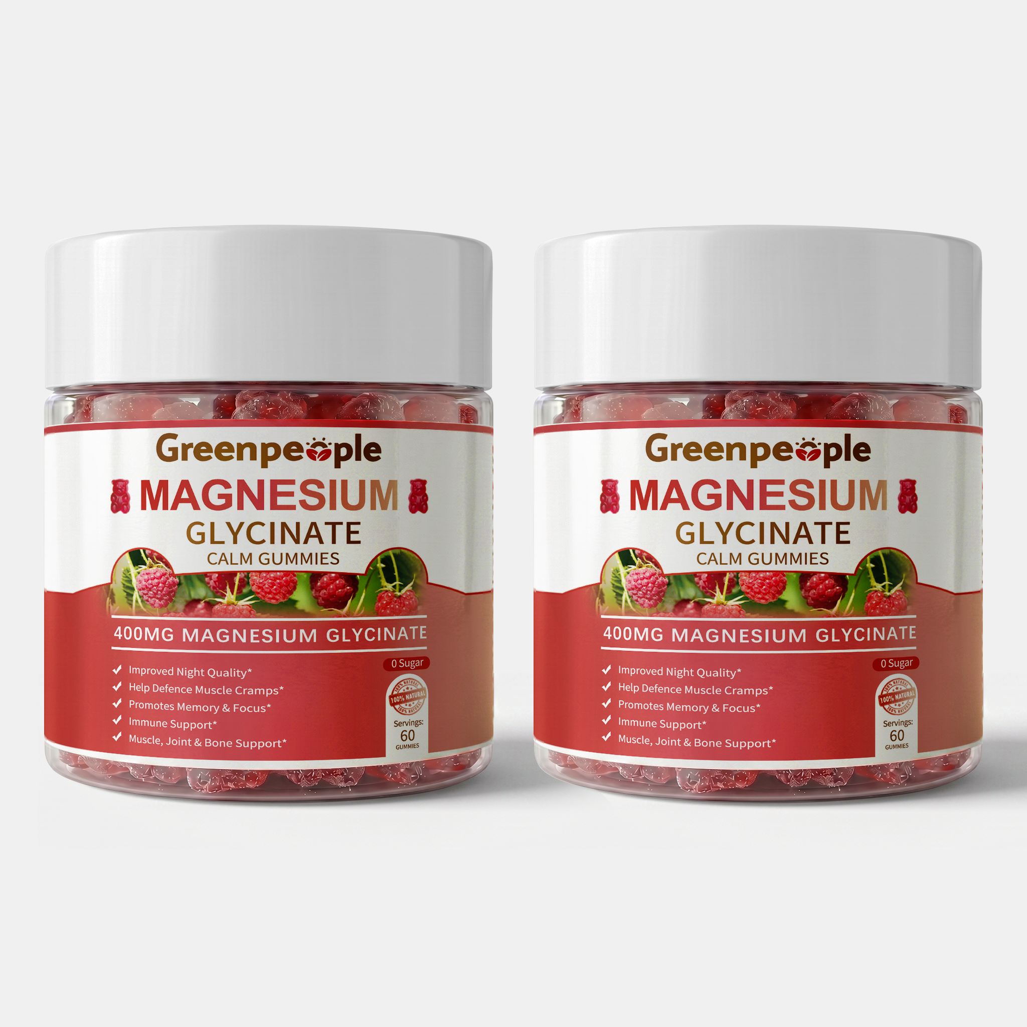 Two bottles of GreenPeople Magnesium Glycinate Gummies, 120 gummies each, showing colorful fruit-flavored supplement bottles.